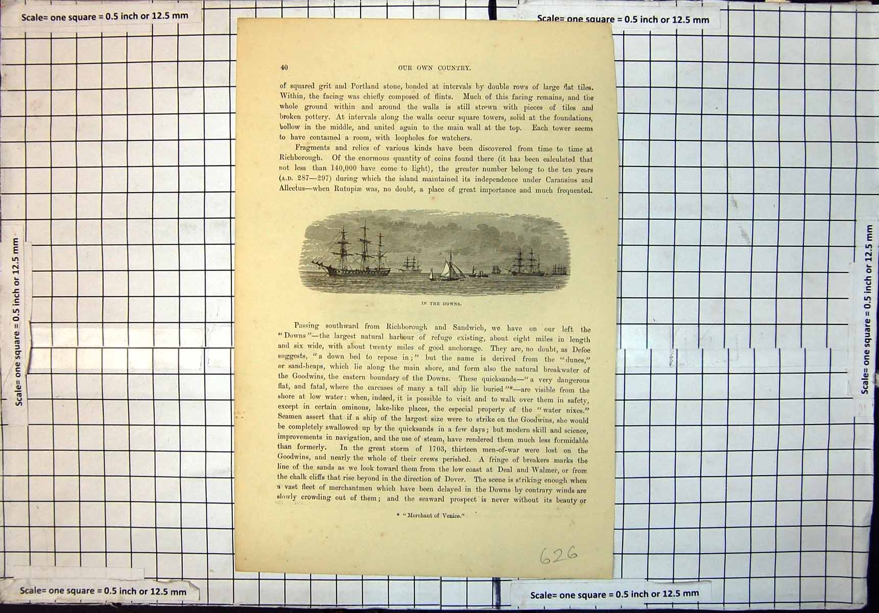 Original Old Antique Print In Downs Ships Yachts Sea Barbican Sandwich