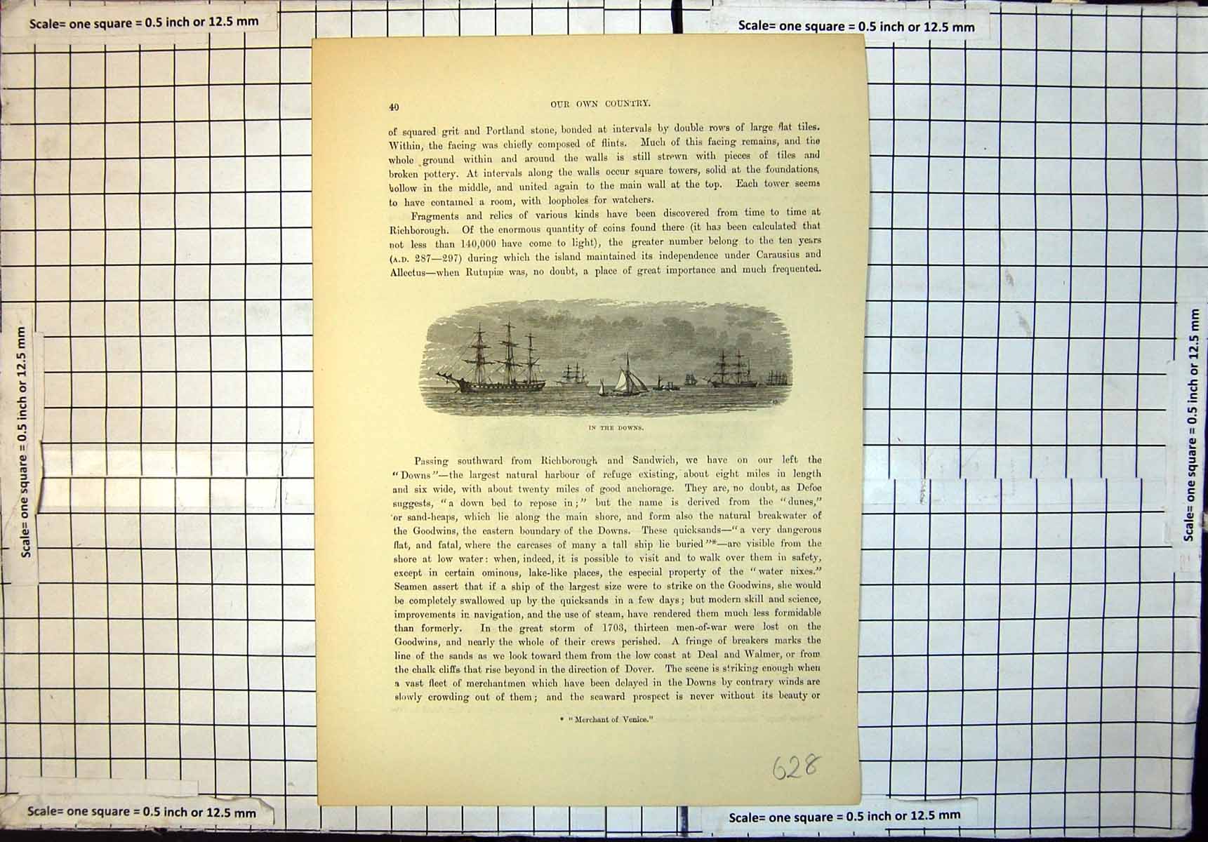 Old Antique Print Downs Largest Natural Harbour Refuge Barbican Sandwich