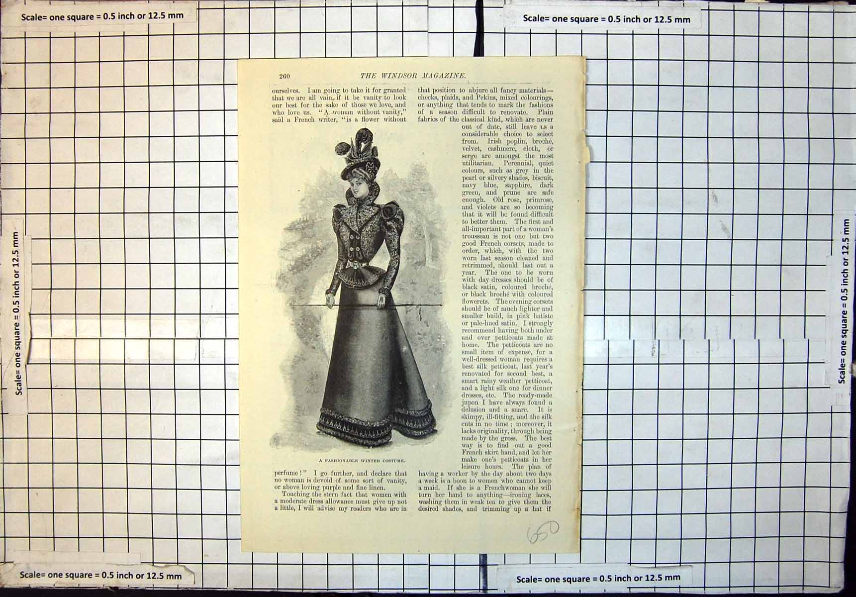 Original Old Antique Print Fashionable Winter Costume Renovated Gown