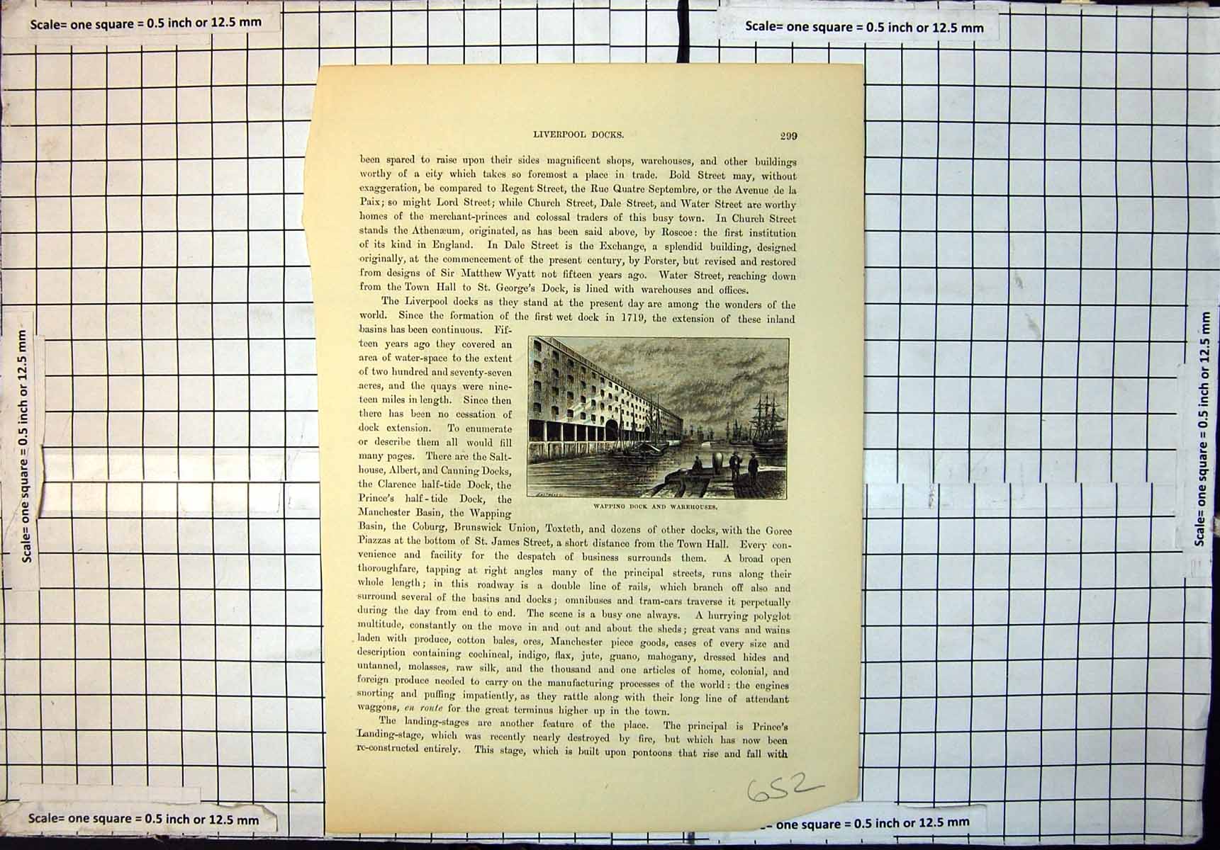 Old Antique Print Liverpool Docks Wapping Dock Warehouses Strand Street