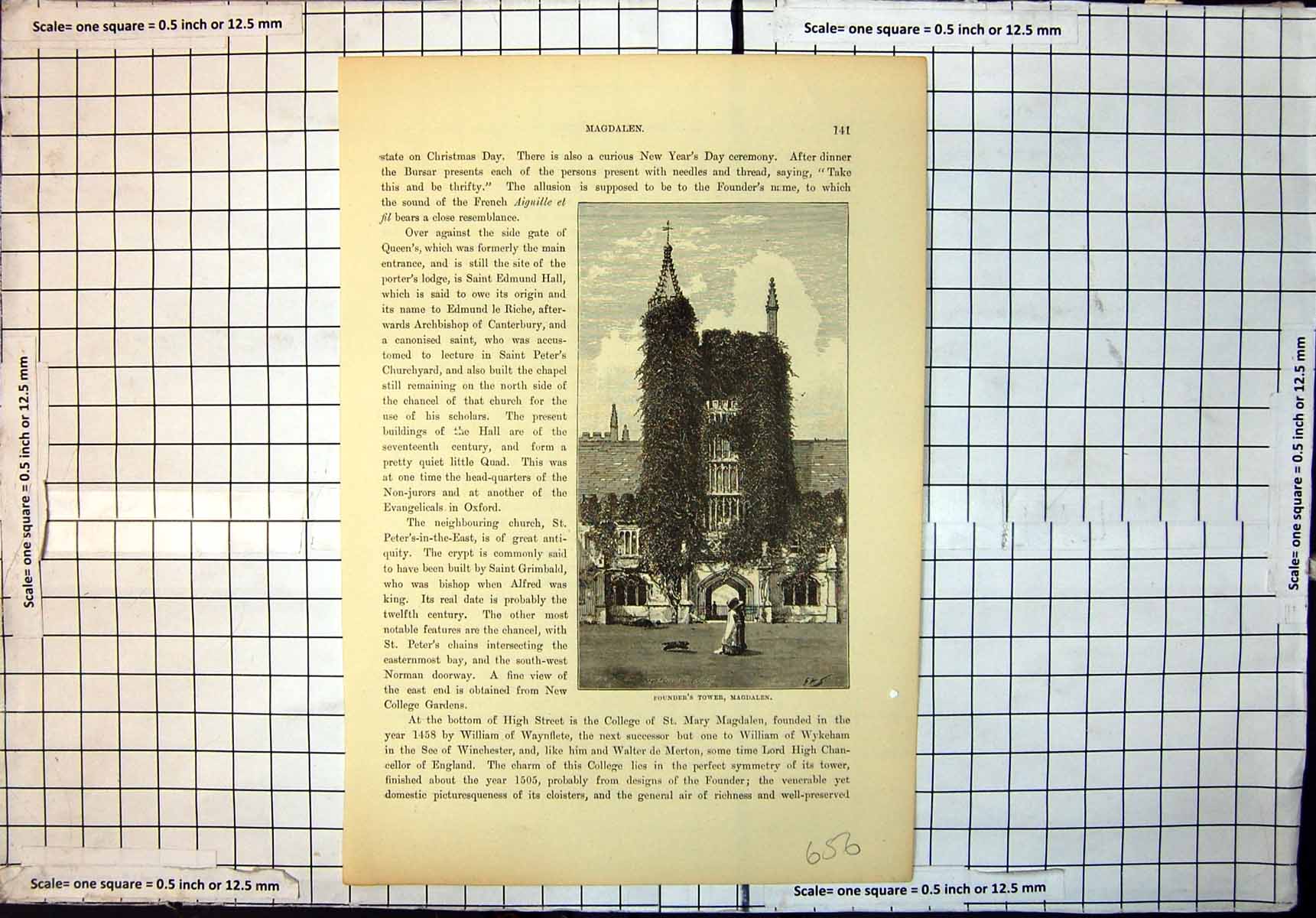 Original Old Antique Print Founders Tower Magdalen Stone Pulpit Magdalen