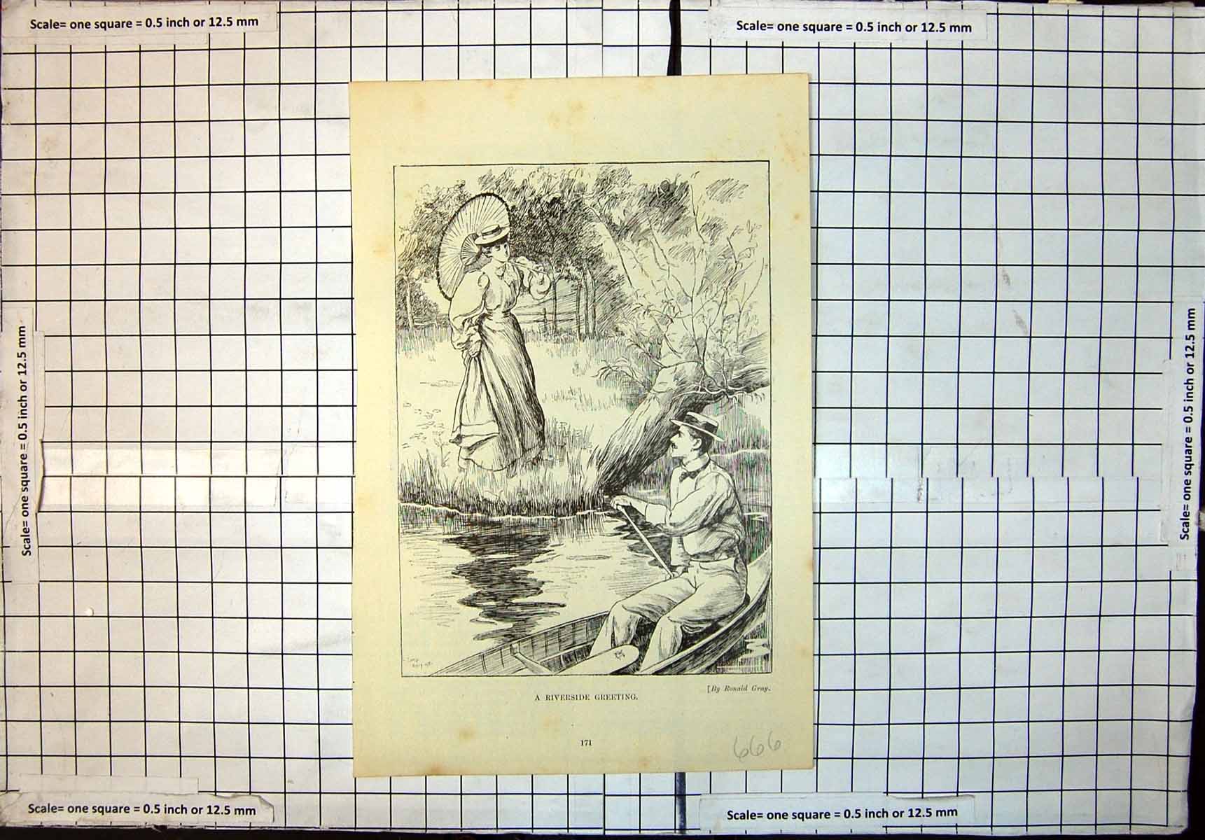 Antique Print Riverside Greeting Lady Man Boat Lord Chancellors Court Judge