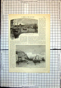 Old Antique Print Place Du Commerce Lisbon City From Sea Gibraltar Rock