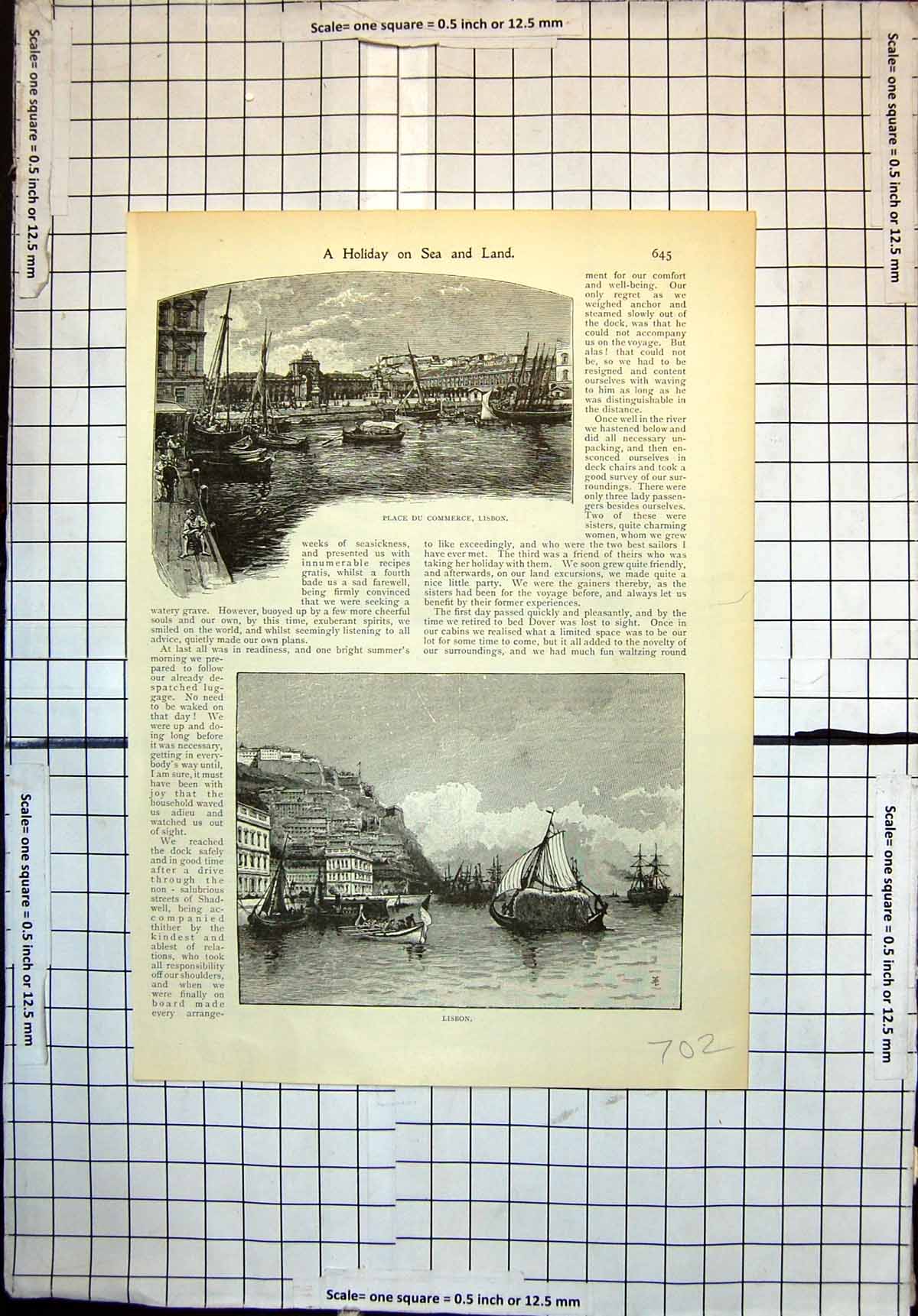 Old Antique Print Place Du Commerce Lisbon City From Sea Gibraltar Rock