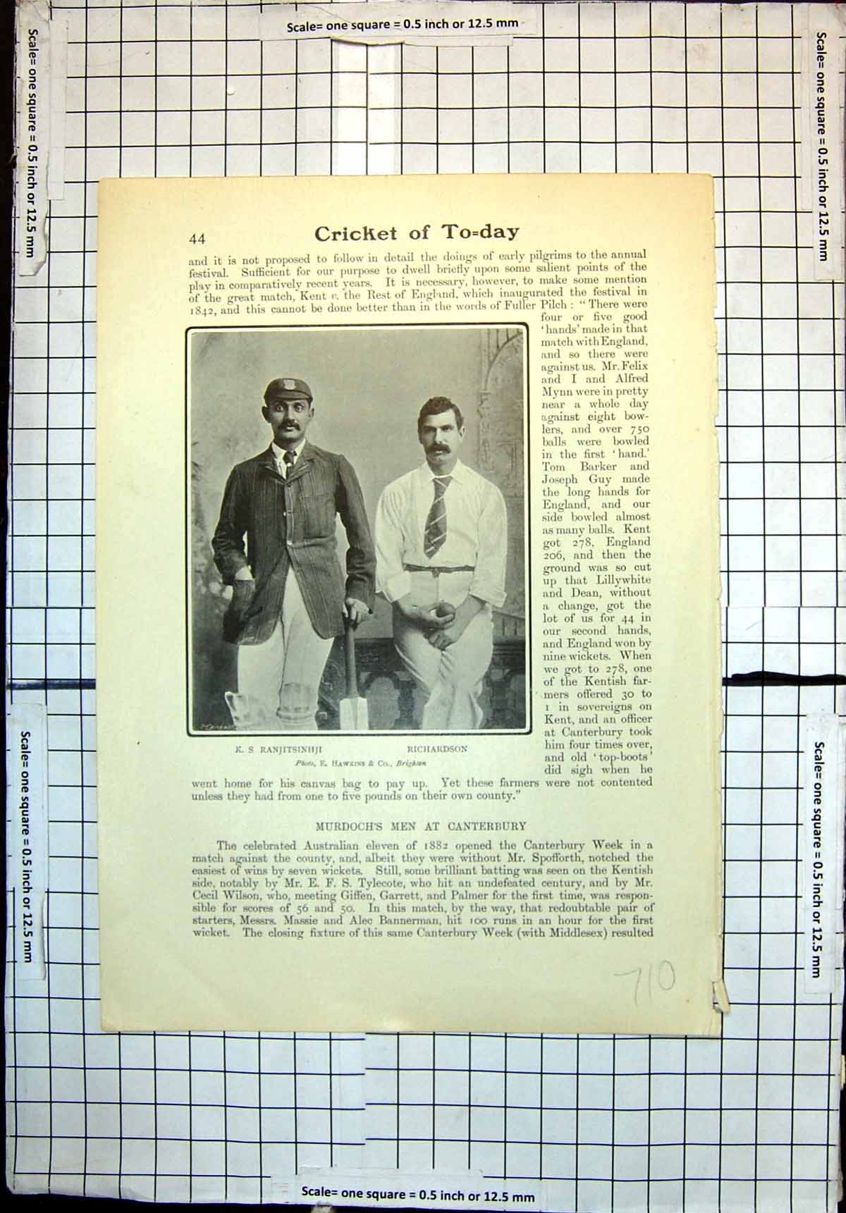 Antique Old Print Cricket K S Ranjitsinhji Richardson Cricket Moulsey Hurst