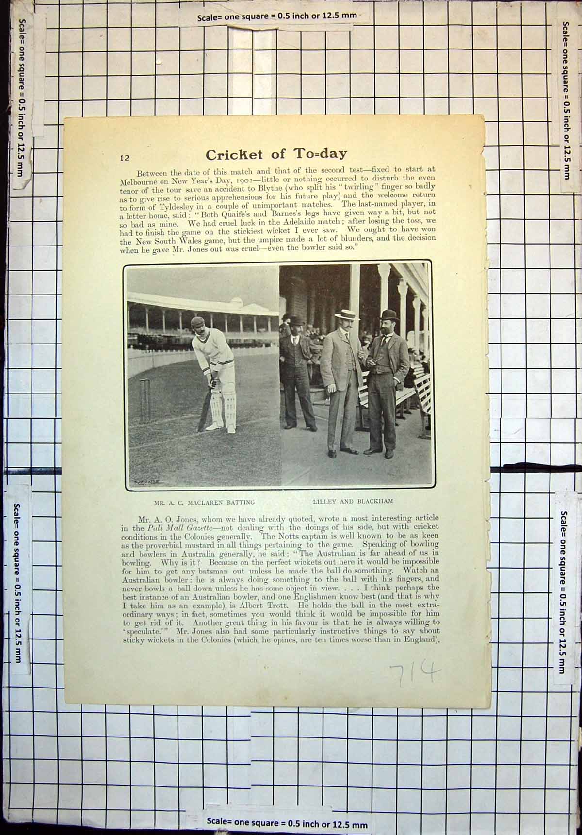 Old Print Cricket A Maclaren Batting Lilley Blackham Nurses South Africa