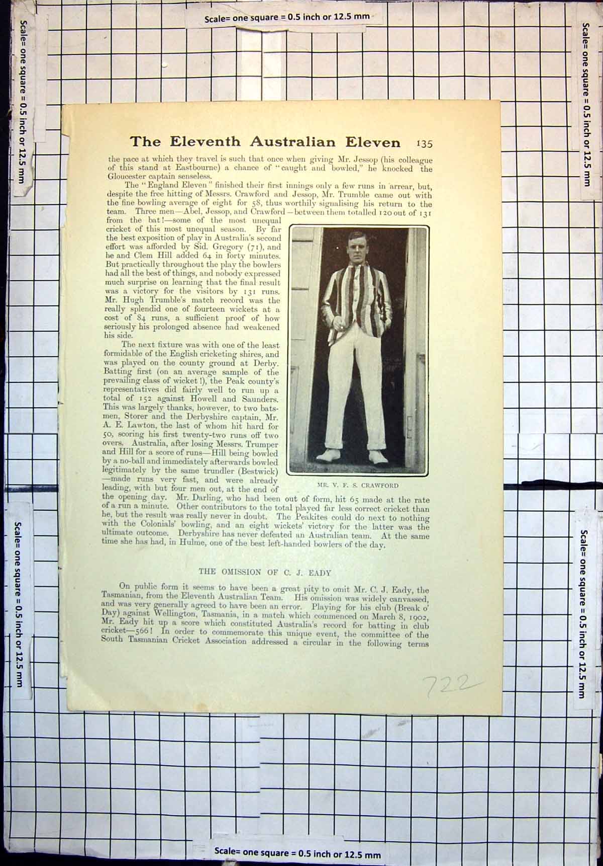 Original Old Antique Print Cricket V Crawford C J Eady