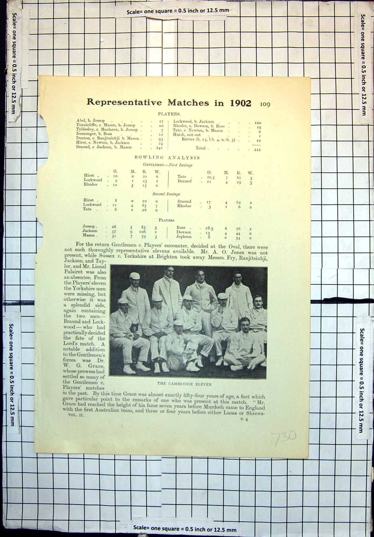 Original Old Antique Print Cricket Cambridge Eleven Mr J R Mason