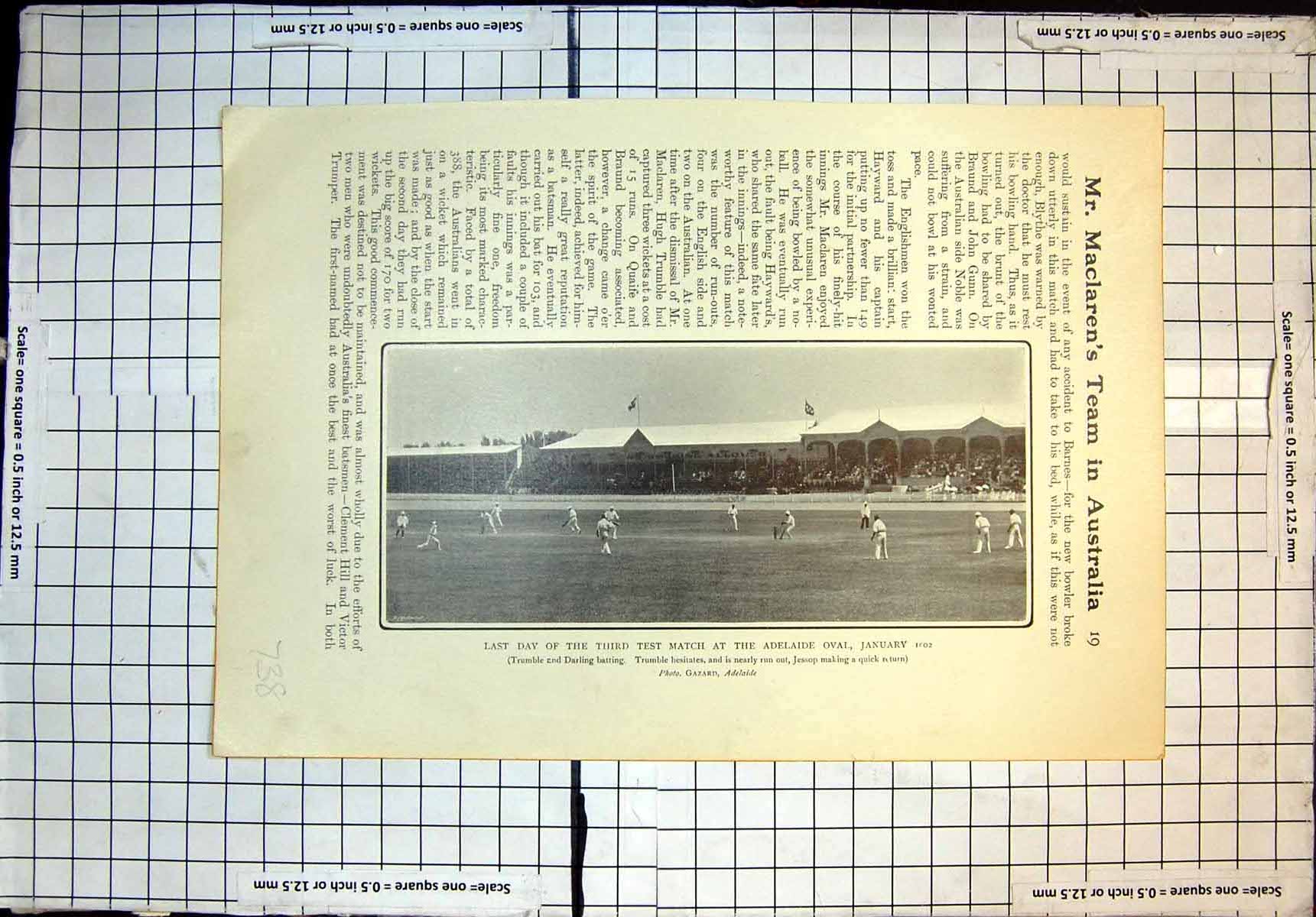 Antique Print Last Day Test Match Adelaide Oval 1902 Trumble Darling Jessop