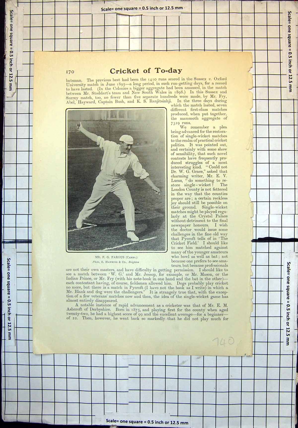 Original Old Antique Print Cricket Mr F G Fargus Cambridge Butt Sussex