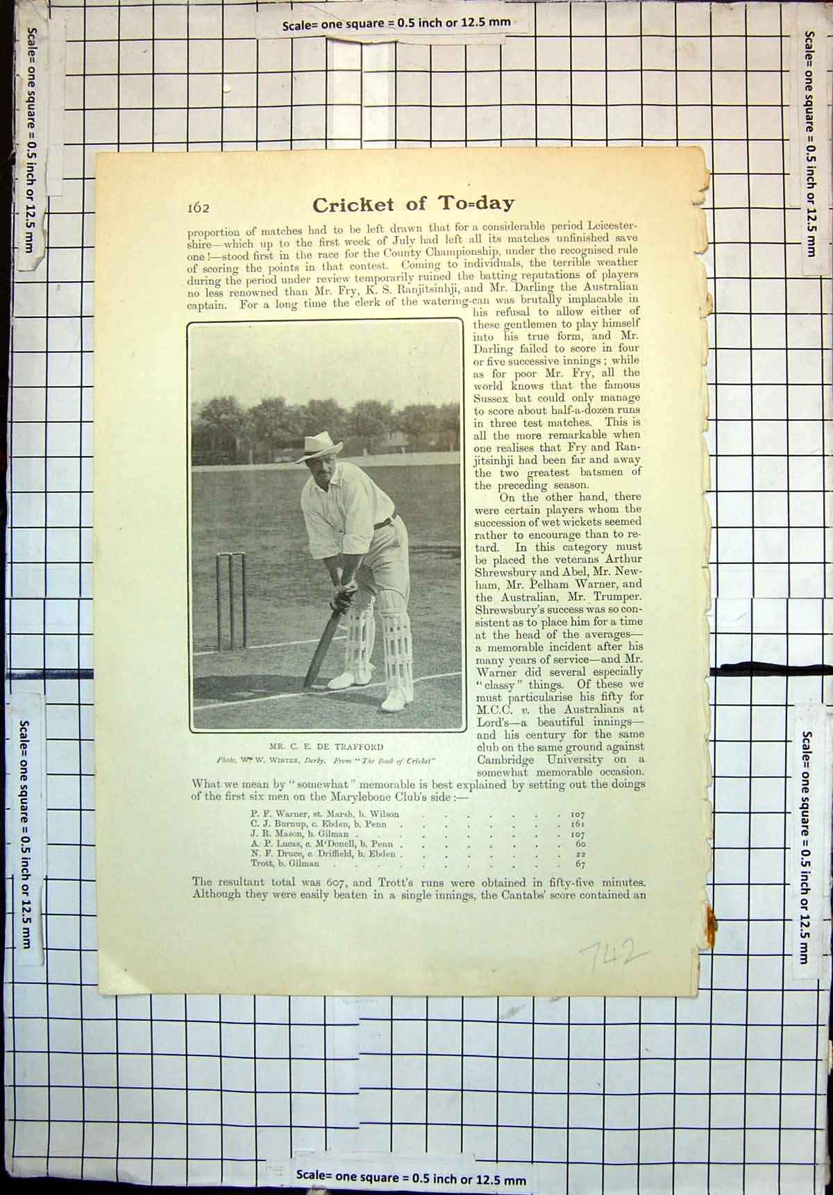 Original Old Antique Print Cricket C E De Trafford Book Cricket Bland