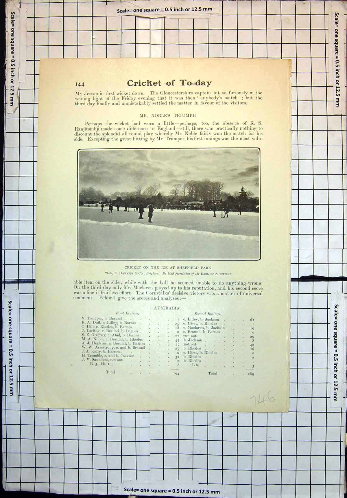 Original Old Antique Print Cricket On Ice Sheffield Park S Barnes