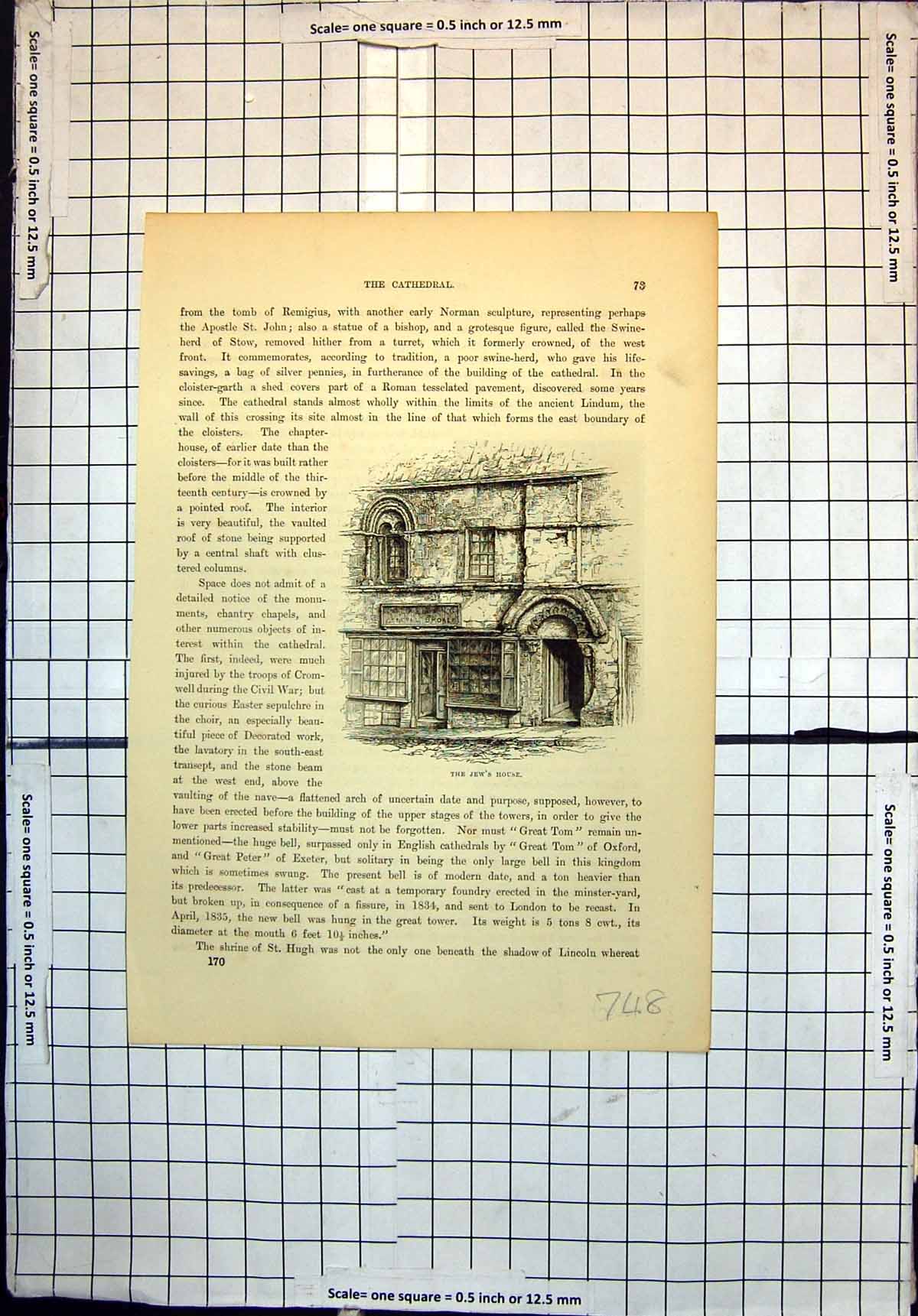 Old Antique Print Jews House Lincoln Grotesque Figure Lincoln Cathedral