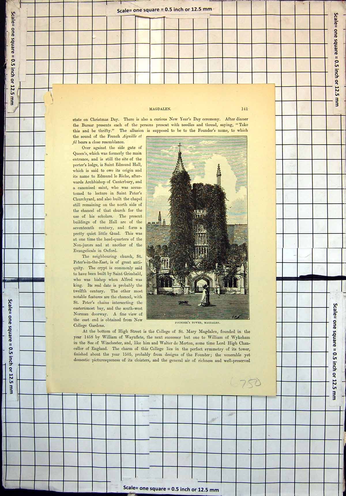 Original Old Antique Print Magdalen Founders Tower Stone Pulpit Magdalen