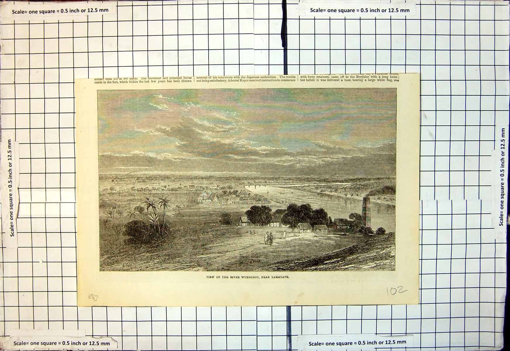 Antique Old Print View River Wundoroo Near Tamatave Palm Trees Houses 1863 19th