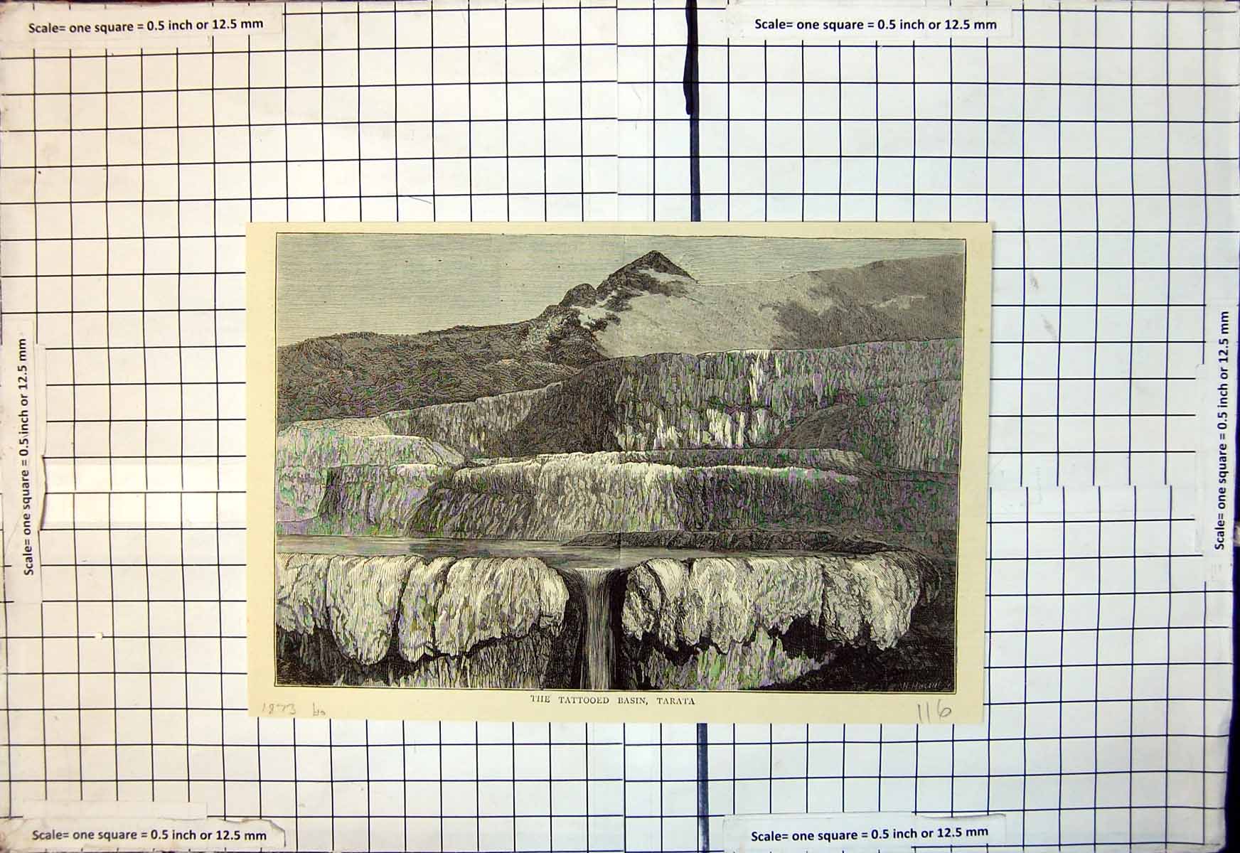 Original Old Antique Print The Tattooed Basin Tarata Water Fall Rocks 1873 19th