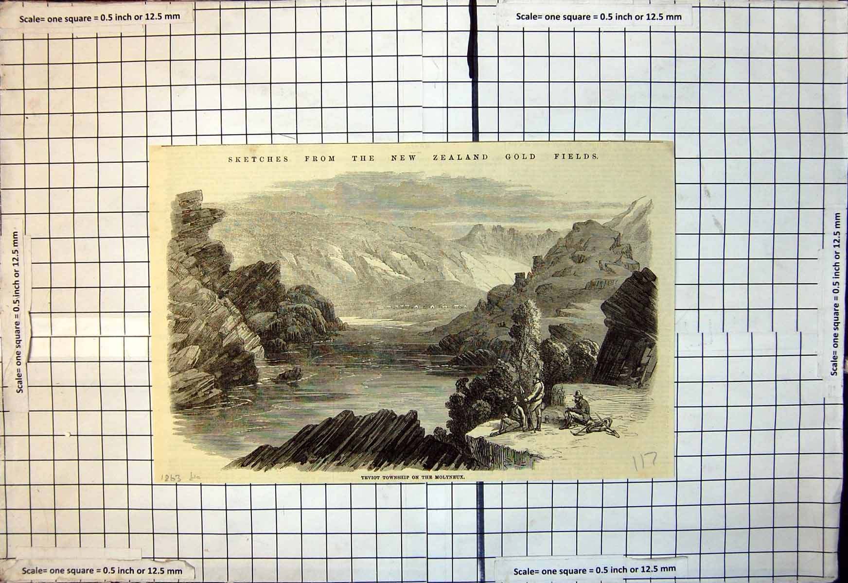 Original Old Antique Print New Zealand GFields Teviot Township On Molyneux 1863