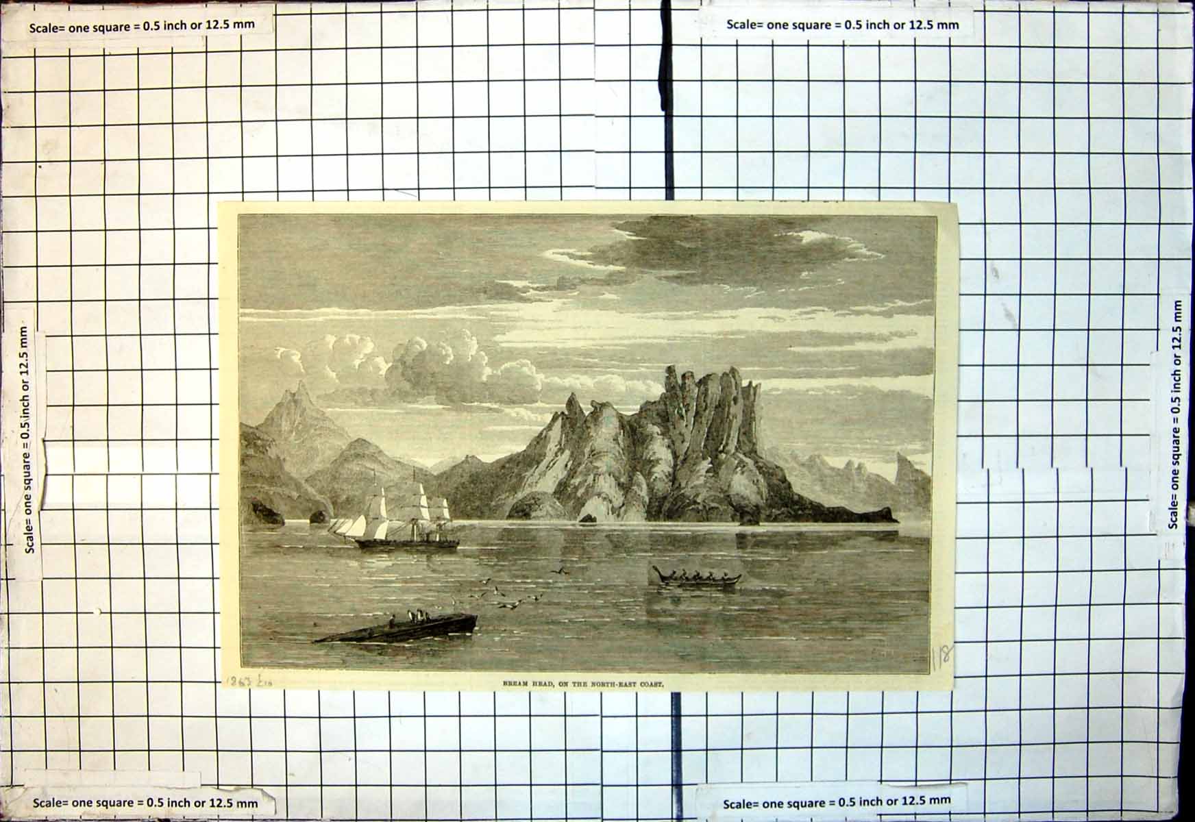 Original Old Antique Print Bream Head North East Coast Ships 1863 Victorian