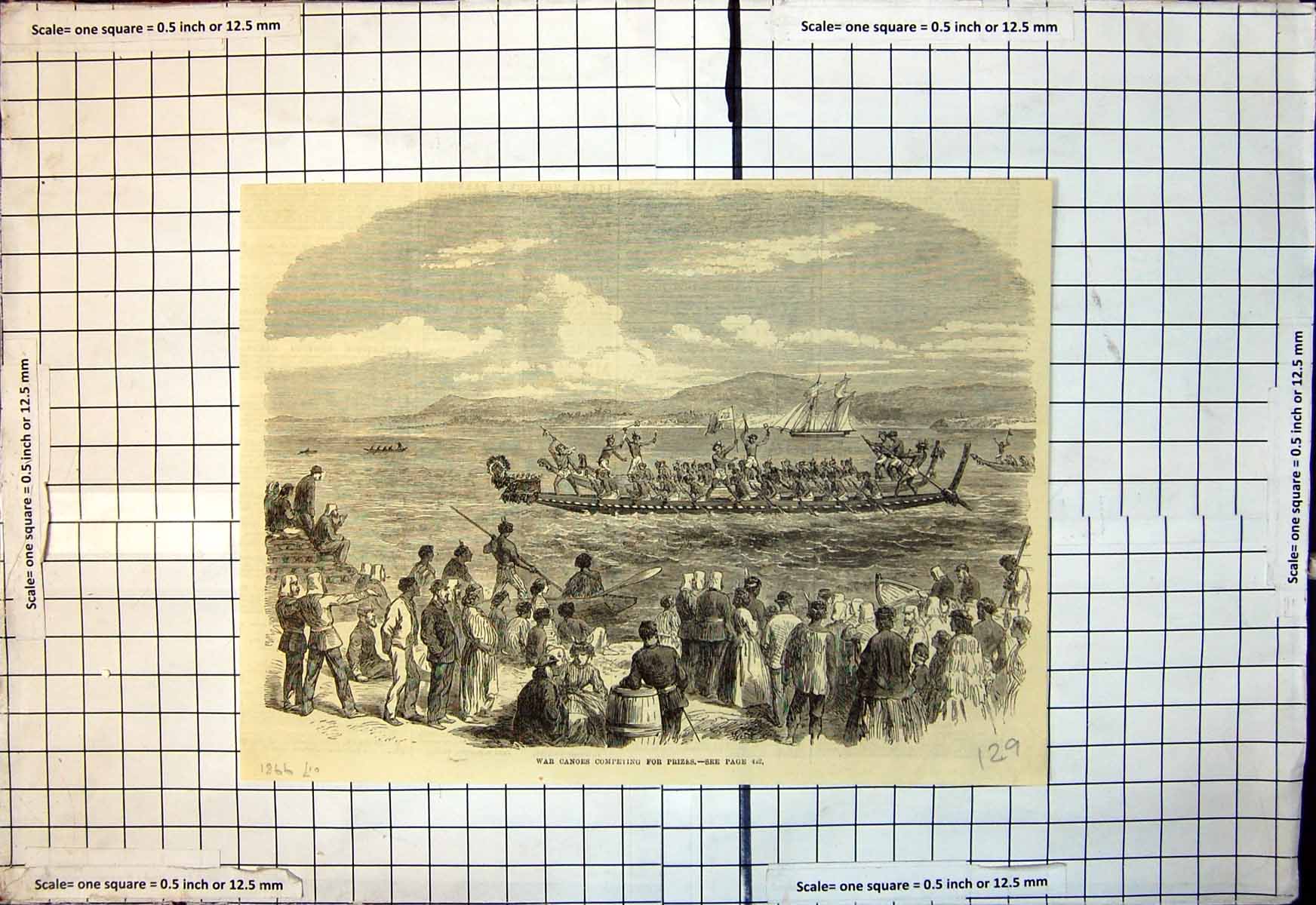 Original Old Antique Print War Canoes Competing For Prizes 1866 19th