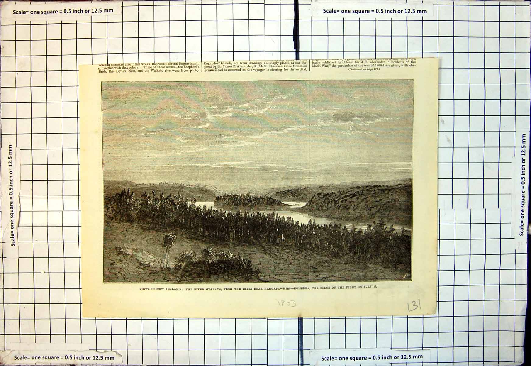Antique Old Print River Wailato Hills Nangatawhiri Koheroa Scene Fight 1863
