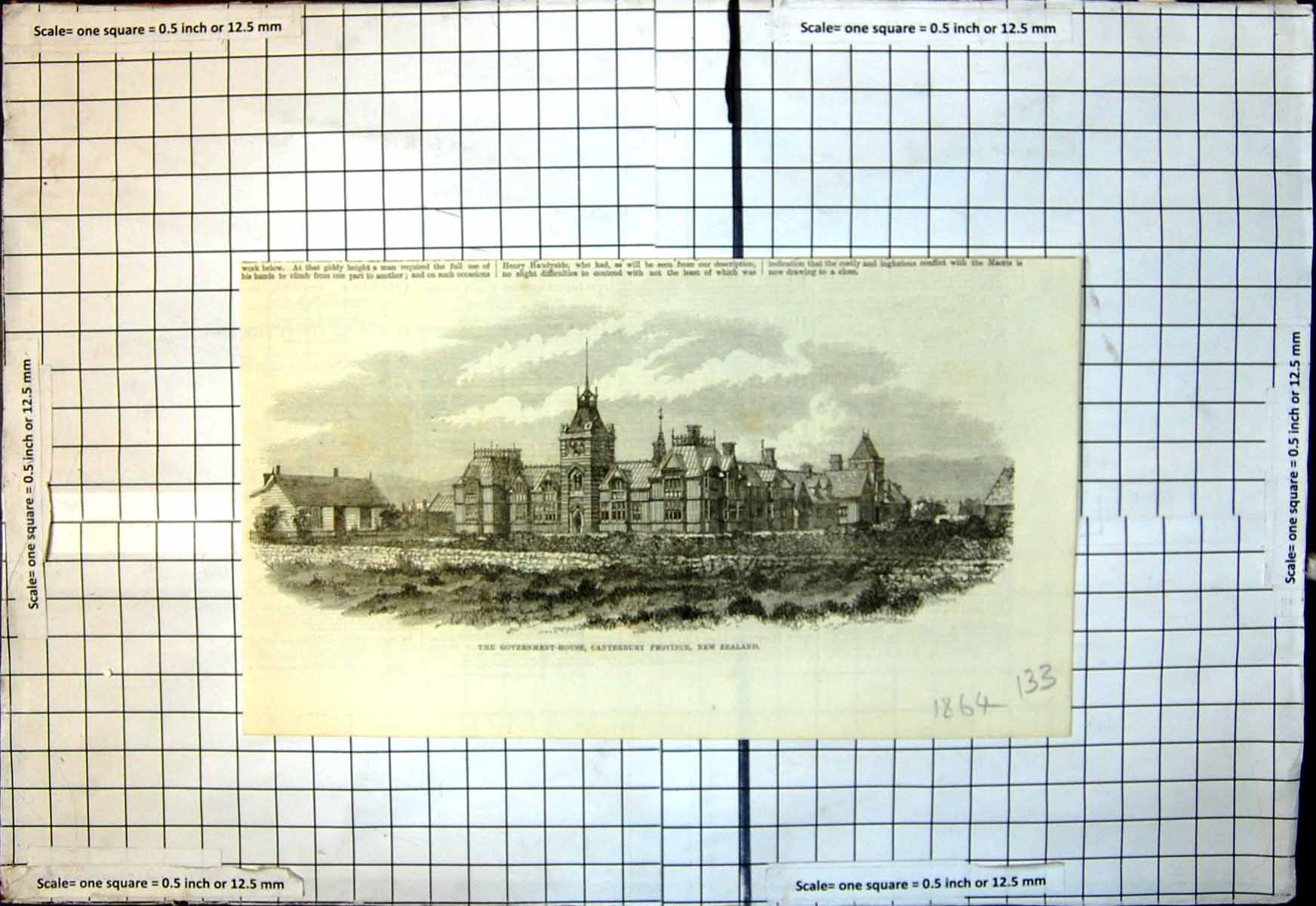 Old Antique Print Government House Canterbury Province New Zealand 1864 19th