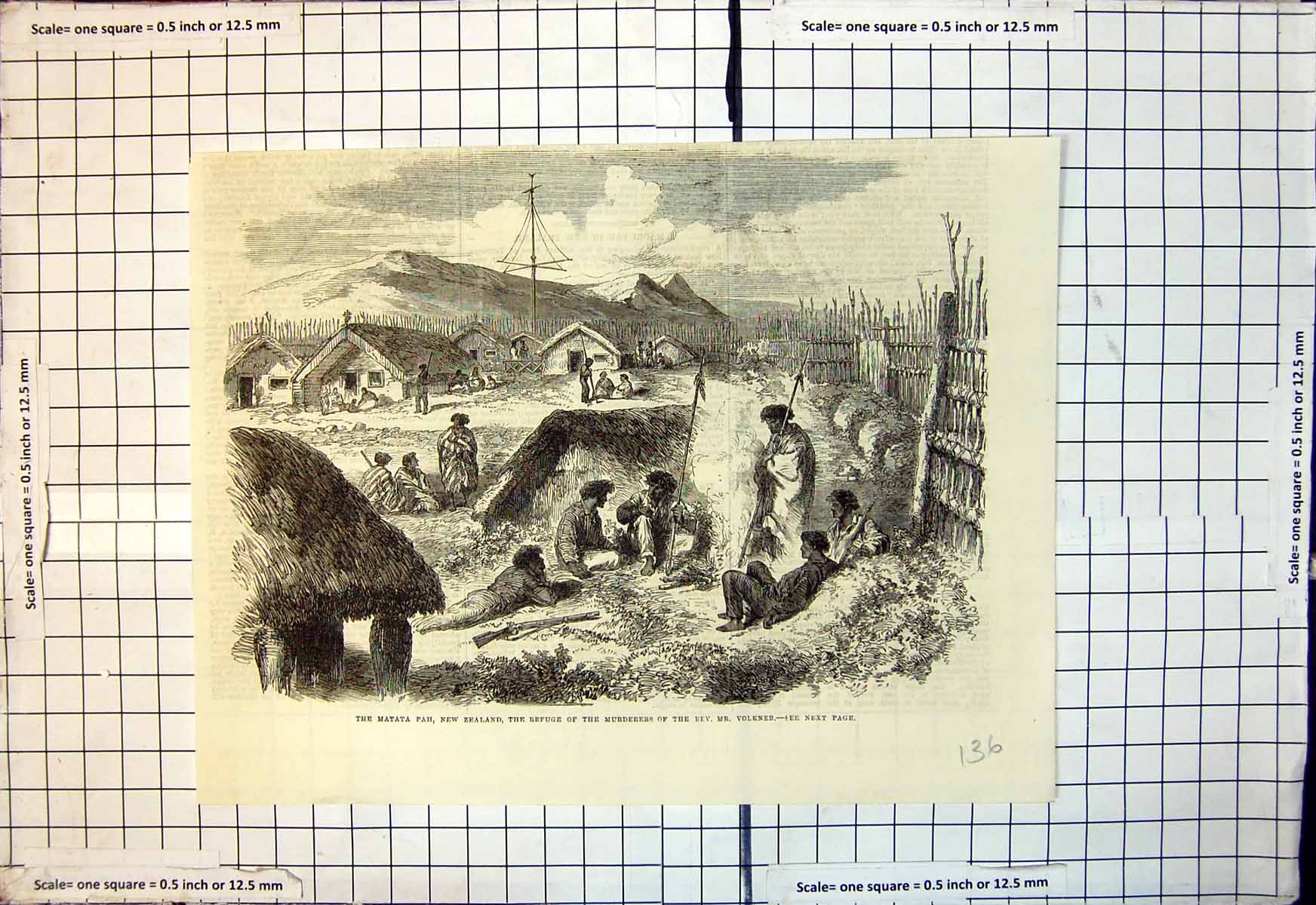 Antique Old Print Matata Pah New Zealand Refuge Murderers Rev Mr Volkner 1866