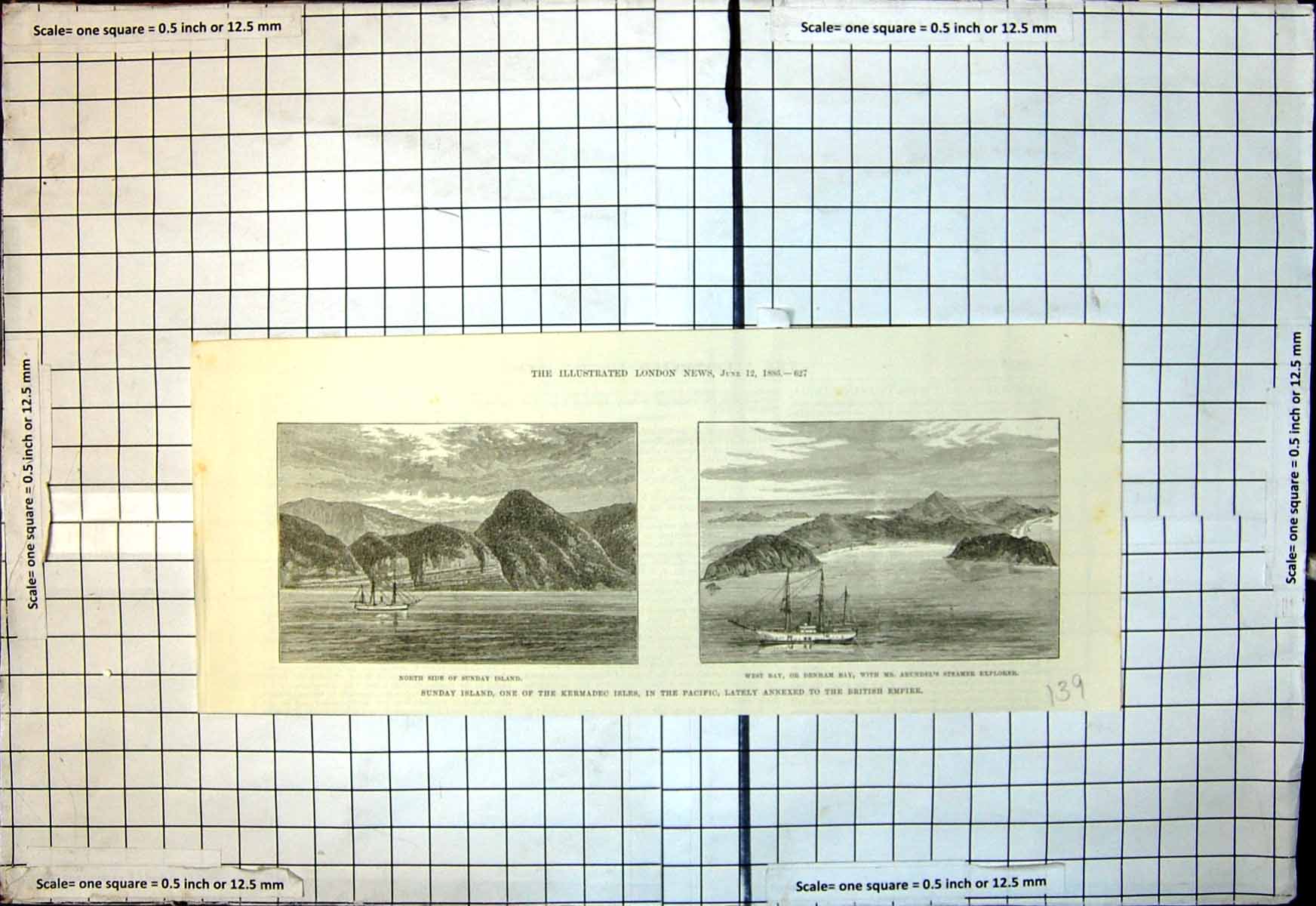 Old Print Sunday Island Kermadec Isles Pacific North Side Denham Bay 1886 19th