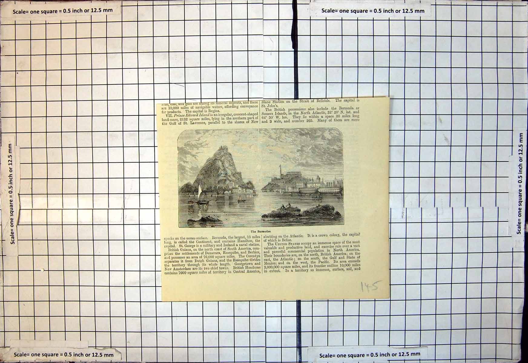Original Old Antique Print Bermudas Islands Rock Town Ships Bay
