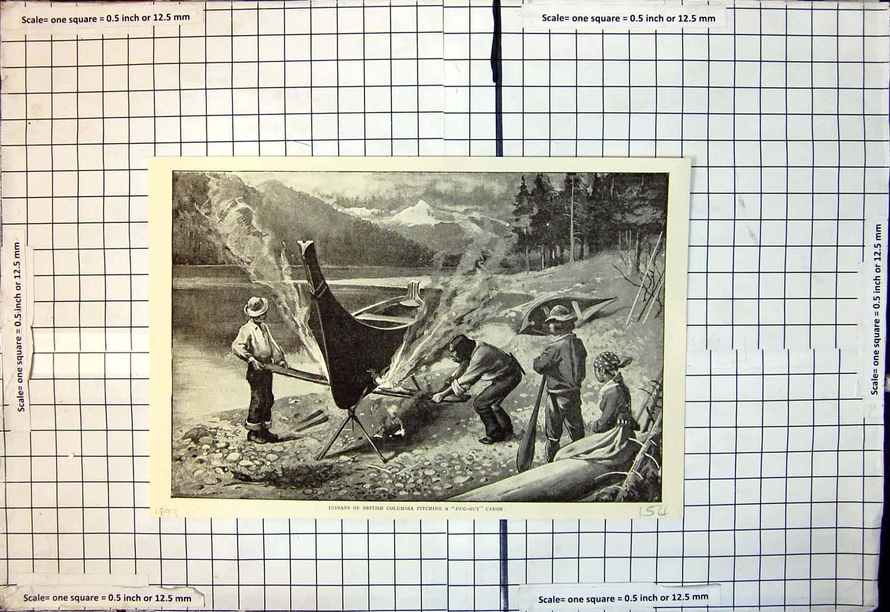 Original Old Antique Print Indians British Columbia Pitching Dug Out Canoe 1893