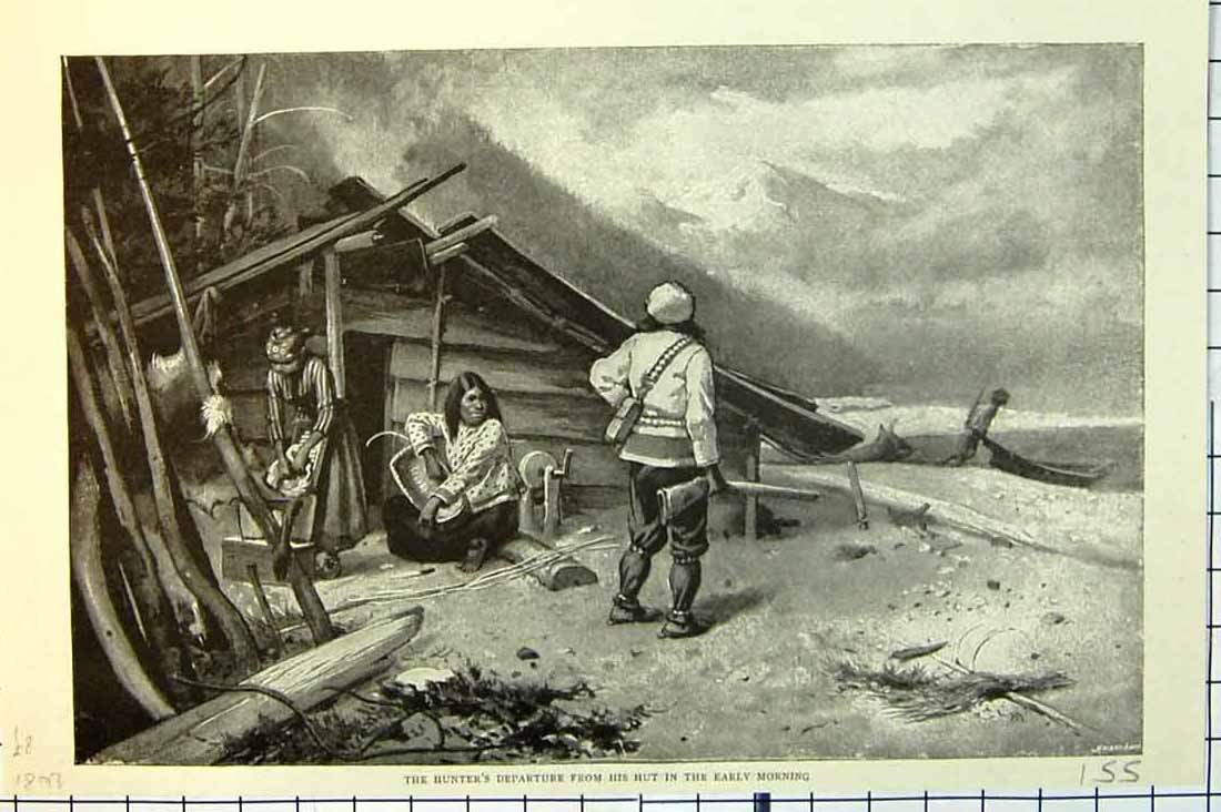 Original Old Antique Print Hunters Departure From His Hut Early Morning 1893