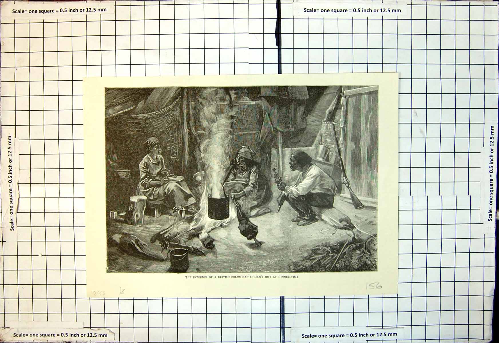 Old Antique Print Interior British Columbian Indians Hut Dinner Time 1893 19th