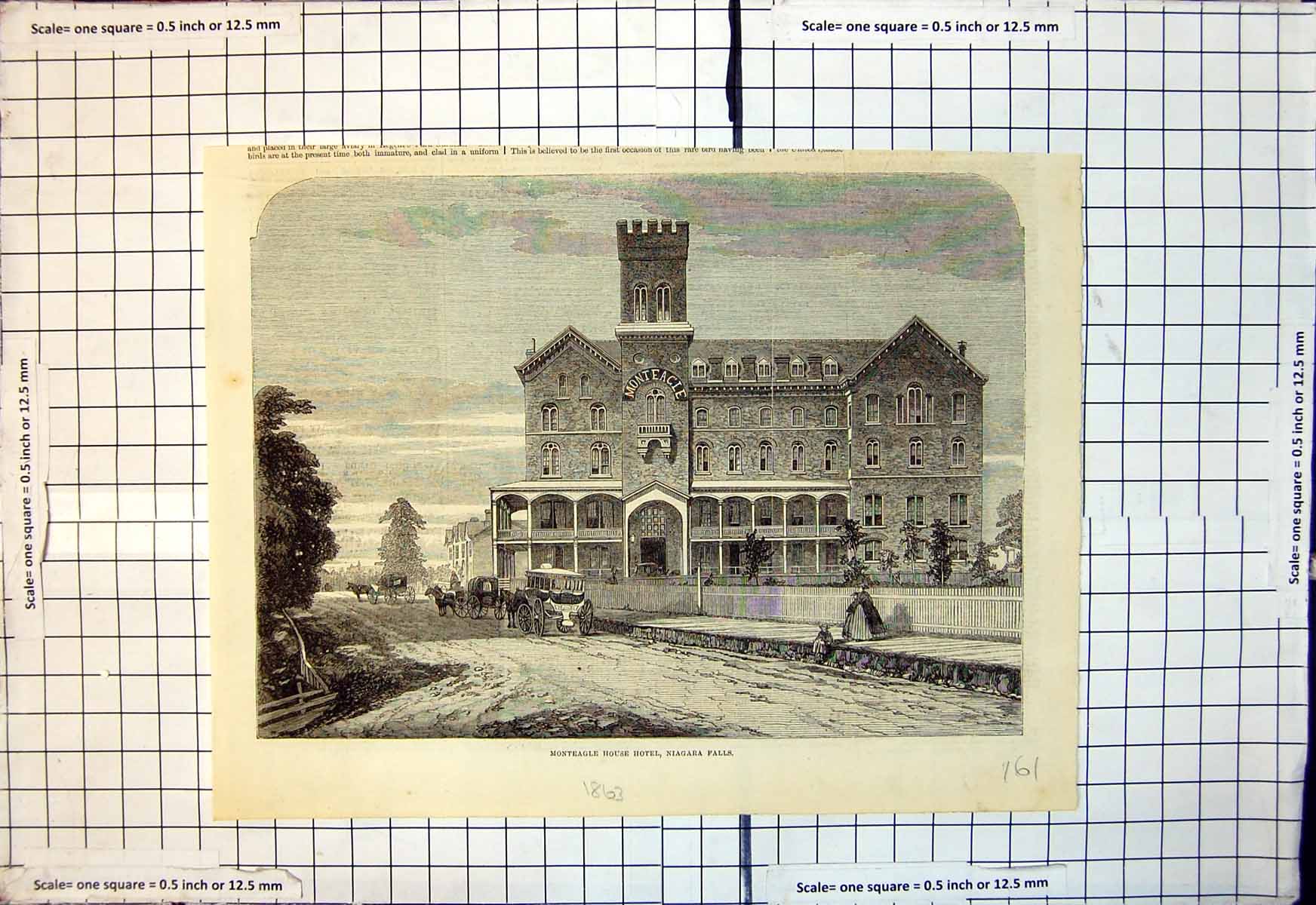 Original Old Antique Print Monteagle House Hotel Niagara Falls 1863 Victorian