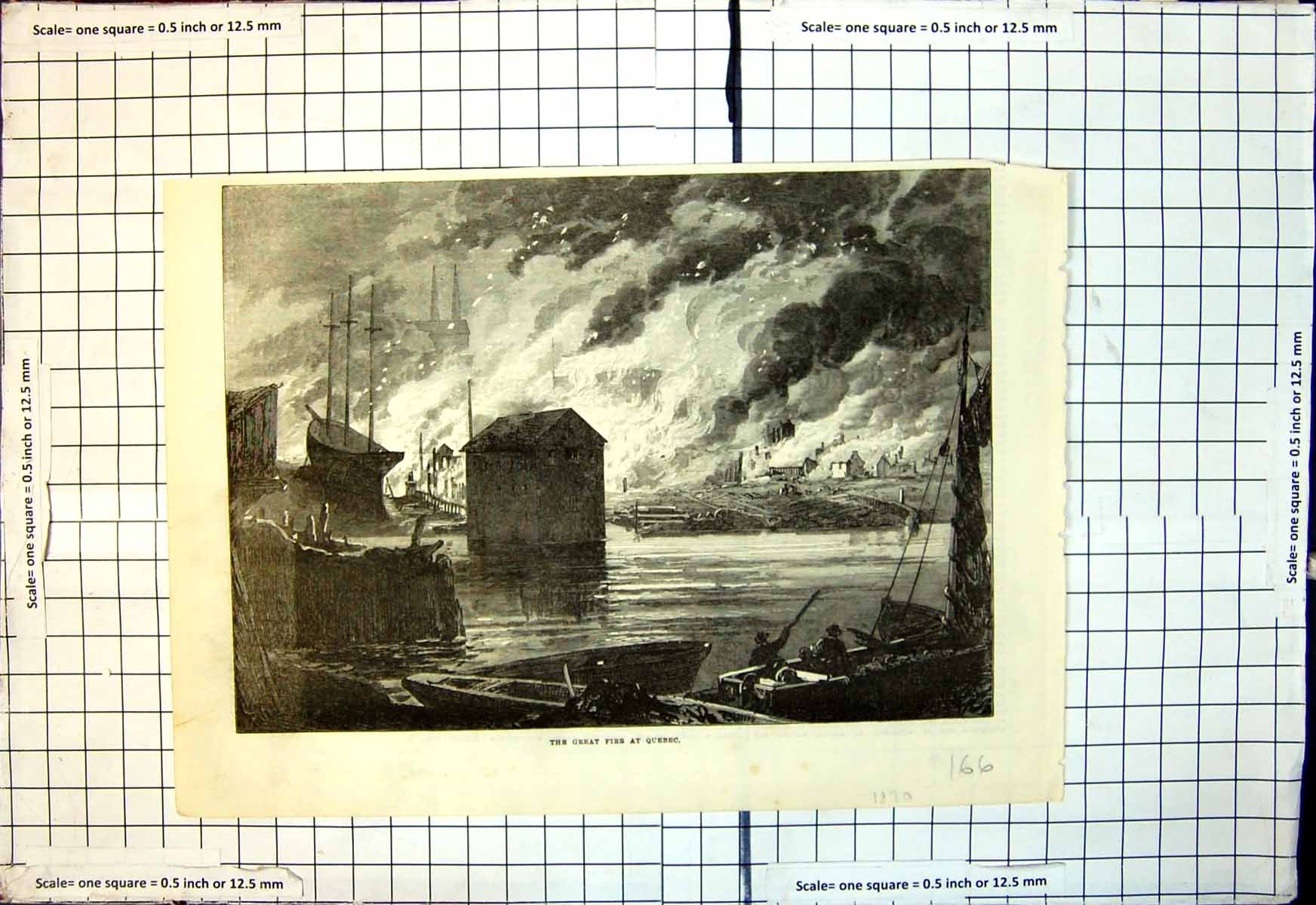 Old Antique Print Great Fire Quebec Buildings On Fire Near Harbour 1870 19th