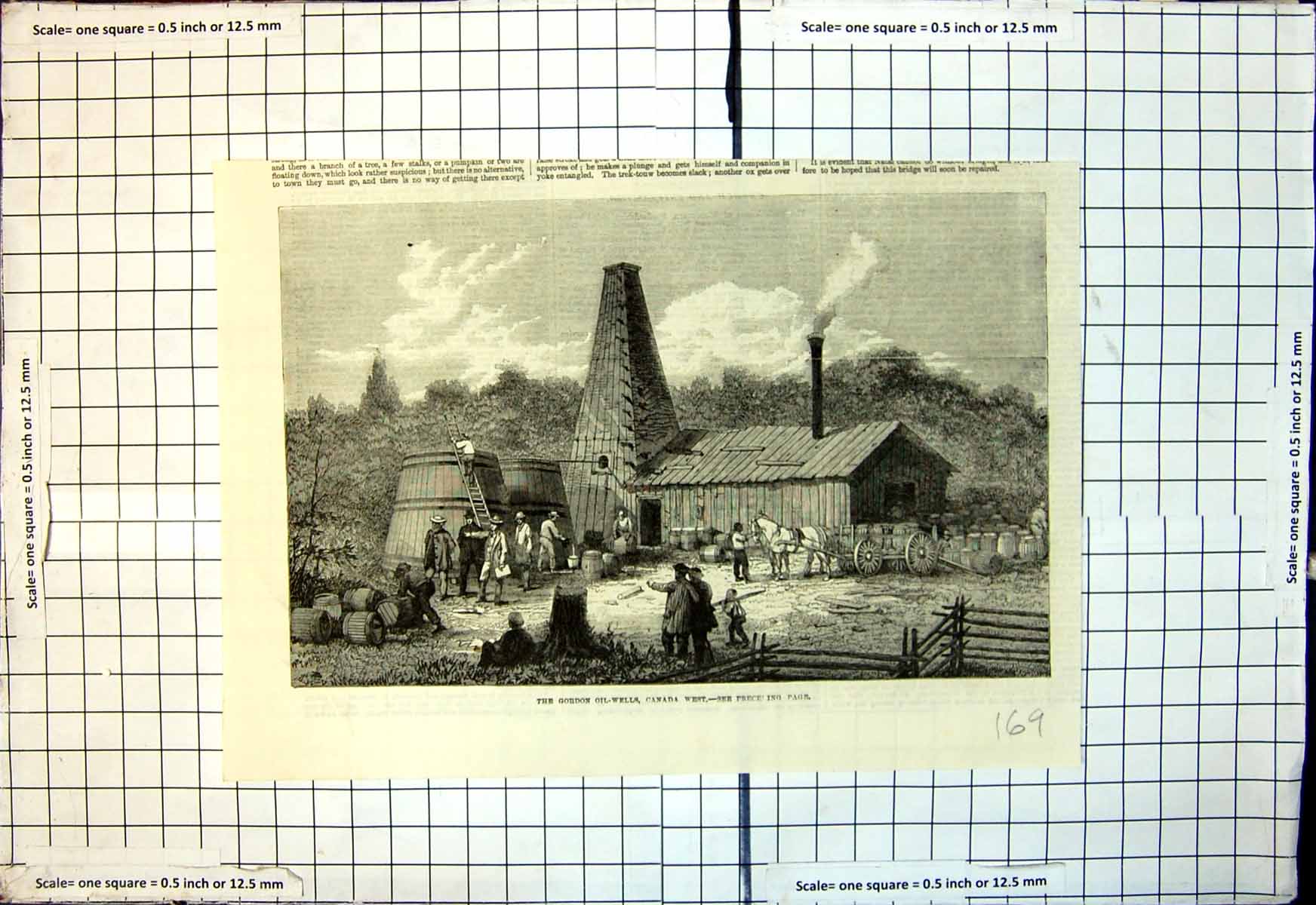 Original Old Antique Print Gordon Oil Wells Canada West Workmen Barrels 1866