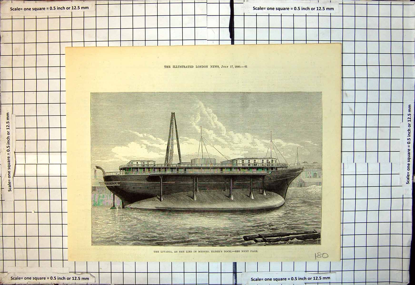 Original Old Antique Print Ship Livadia As She Lies Messrs Elders Dock 1880