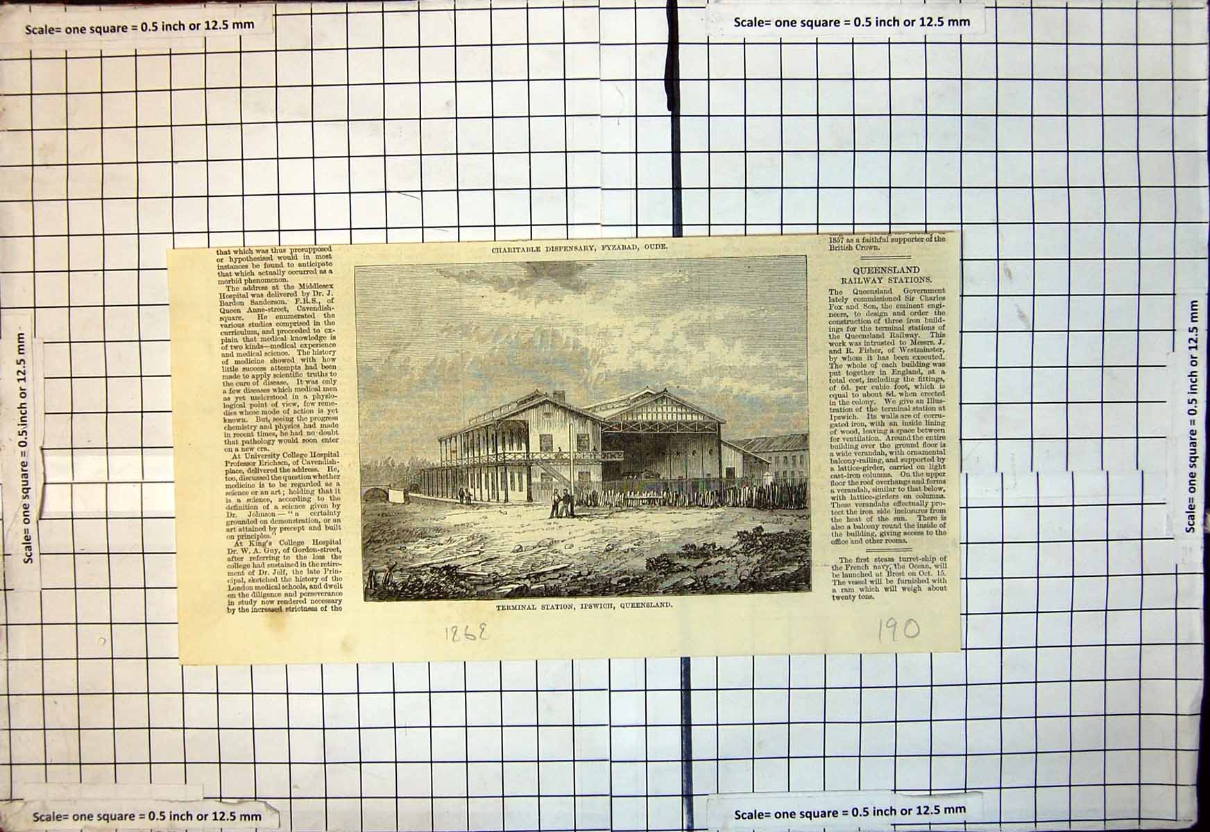 Original Old Antique Print Terminal Station Ipswich Queensland 1868 Victorian