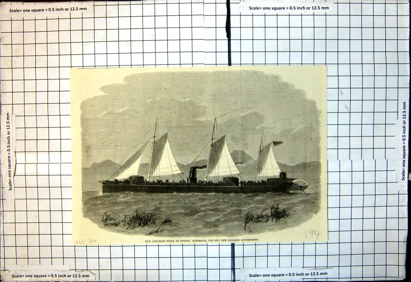 Antique Old Print Iron Gun Boat Built Sydney For New Zealand Government 1863