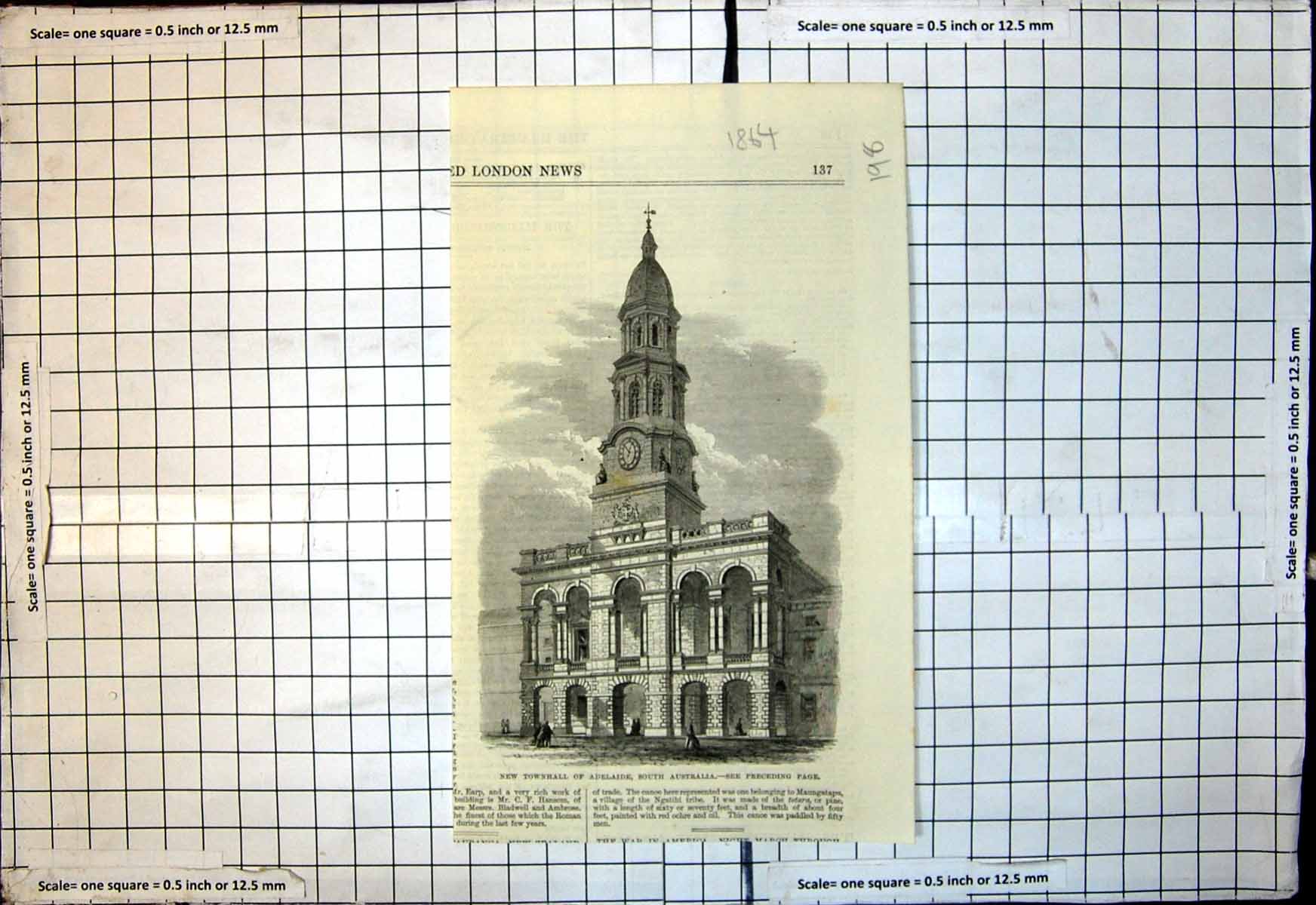 Original Old Antique Print New Townhall Adelaide South Australia 1864 Victorian