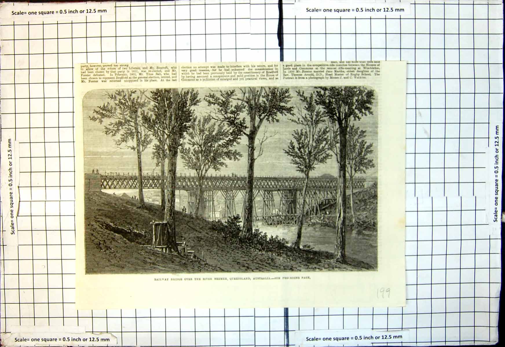 Antique Old Print Railway Bridge Over River Bremer Queensland Australia 1866