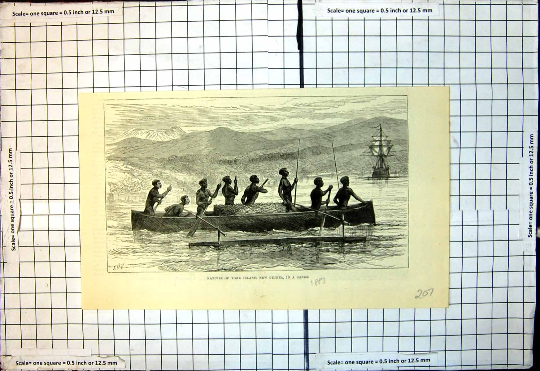 Original Old Antique Print Natives York Island New Guinea In Canoe 1883 19th