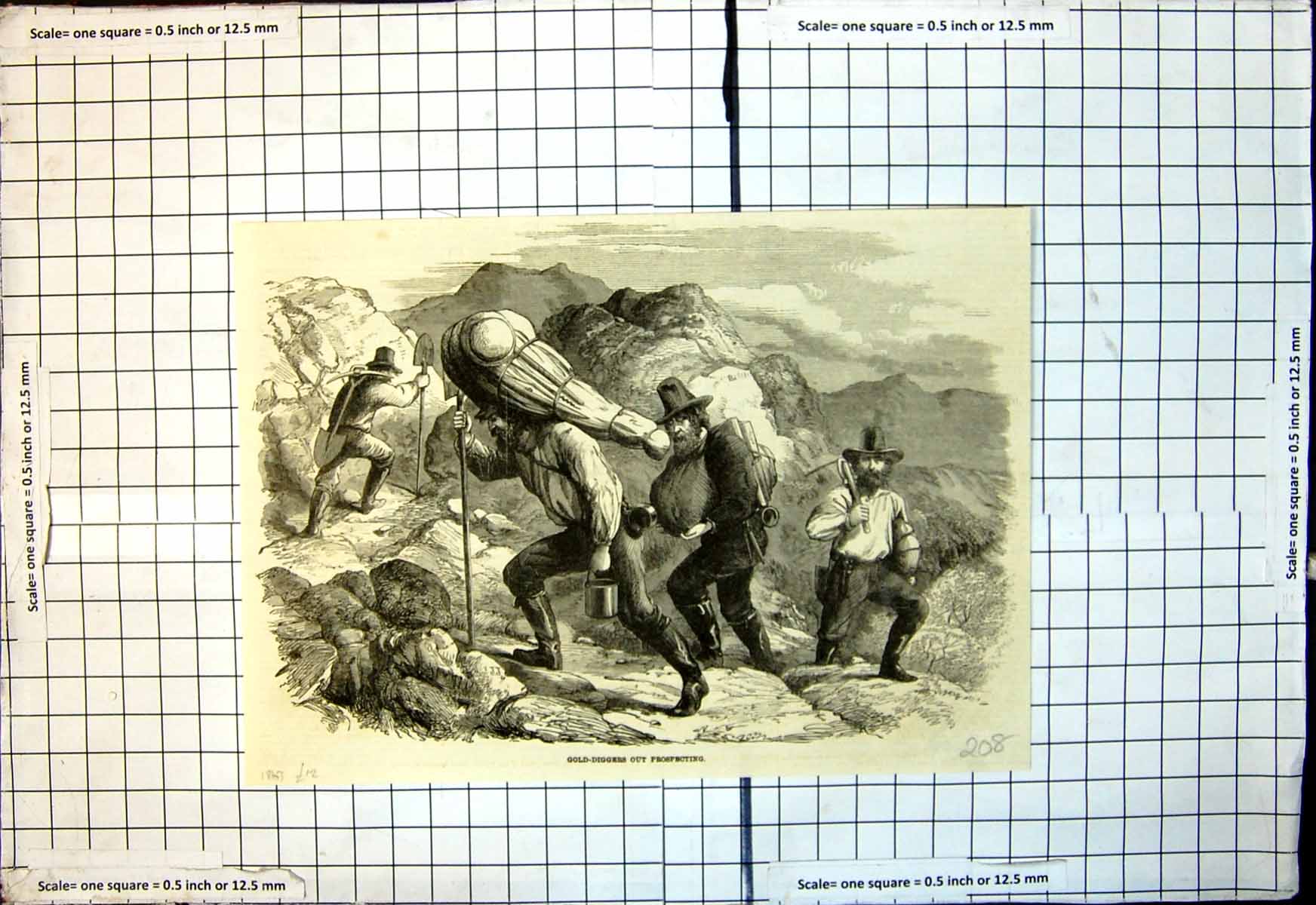 Original Old Antique Print GDiggers Out Prospecting Climbing Hills 1863 19th