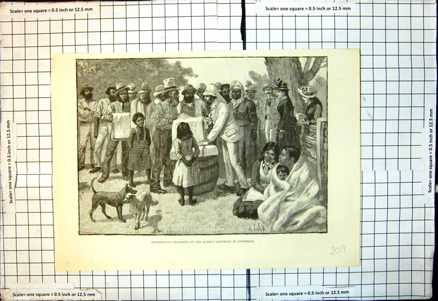 Original Old Antique Print Distributing Blankets Queens Birthday Australia 1889