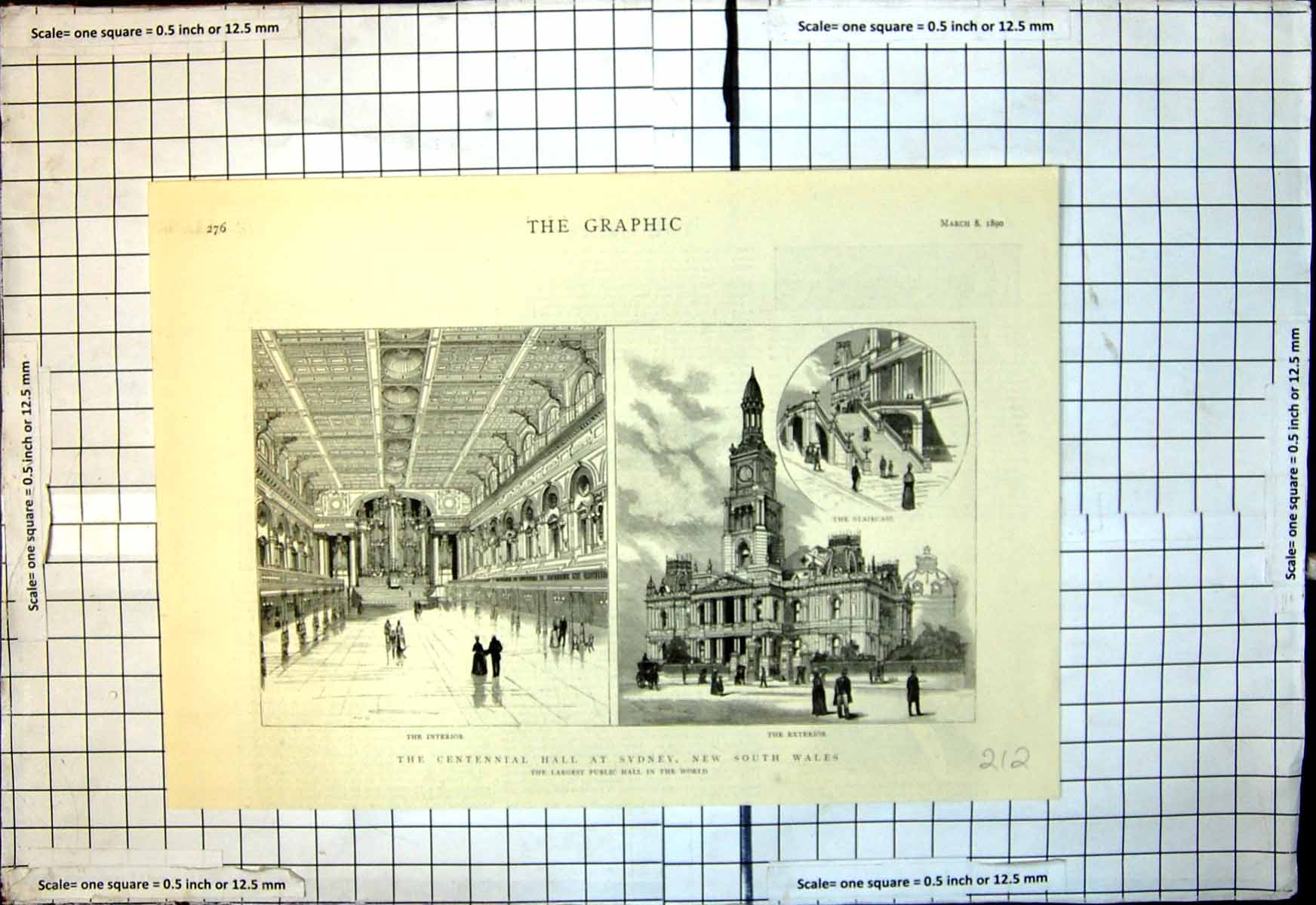 Antique Print Centennial Hall Sydney New South Wales Interior Exterior 1890