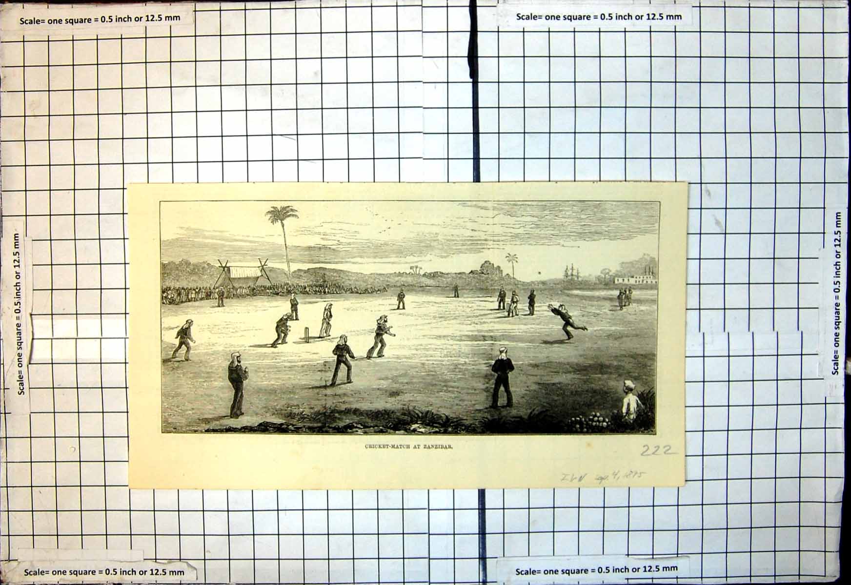 Antique Old Print Cricket Match Zanzibar Players Head Dress Spectators 1875