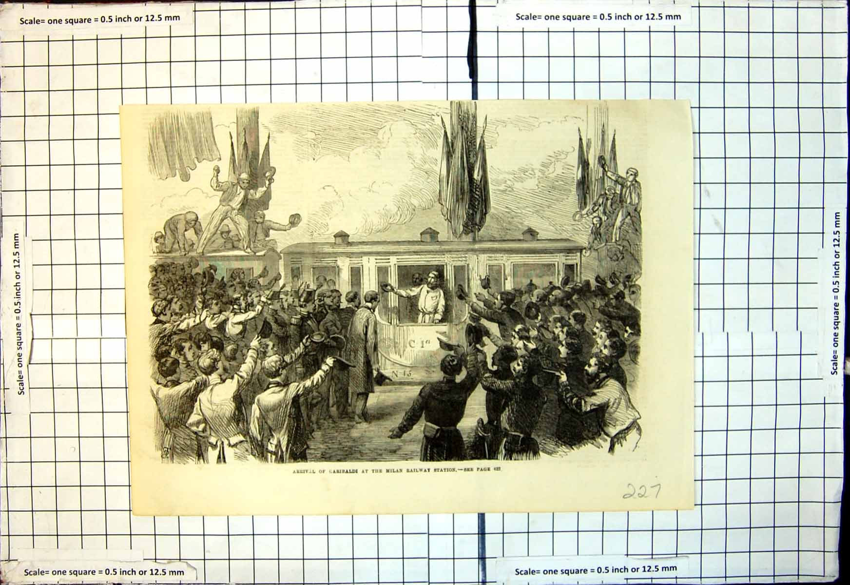 Original Old Antique Print Arrival Garibaldi Milan Railway Station 1866 19th