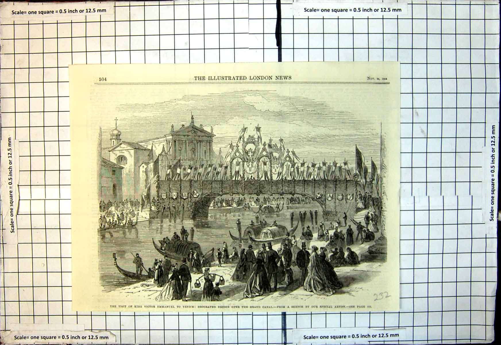 Old Visit King Victor Emmanuel Venice Decorated Bridge Grand Canal 18 19th