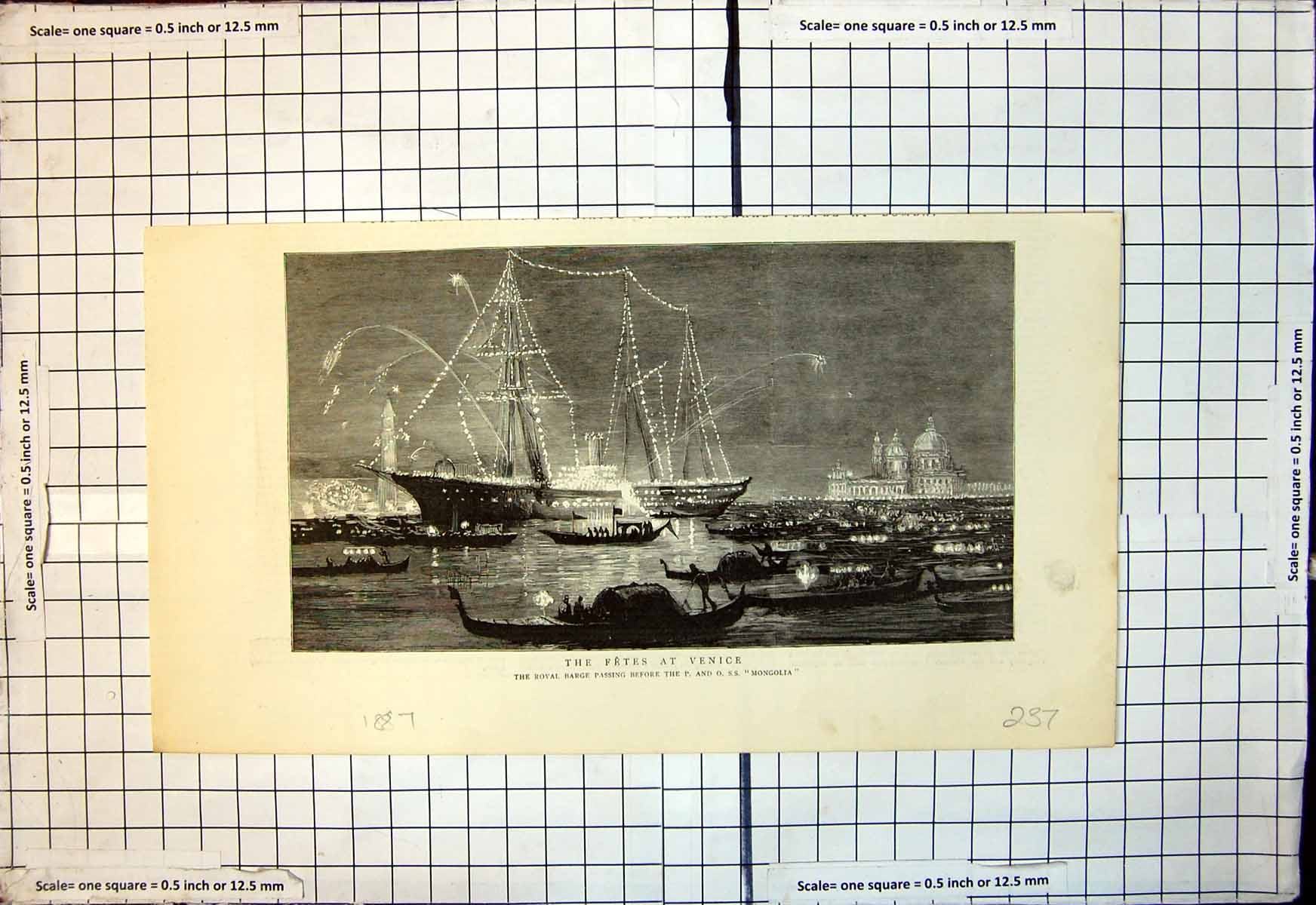 Old Print Fetes Venice Royal Barge Passing Before P & O S S Mongolia 1887 19th