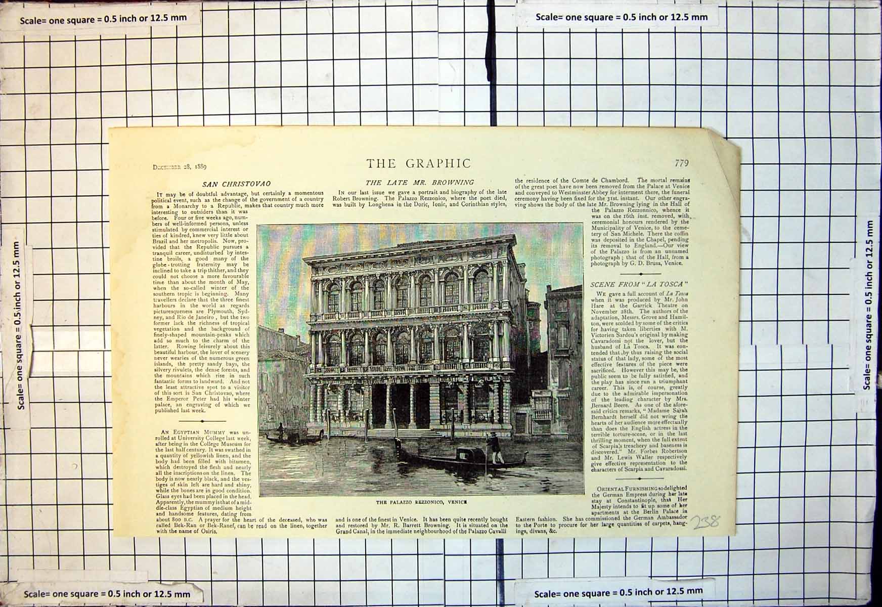 Original Old Antique Print Palazzo Rezzonico Venice Gondolas Canal 1889 19th