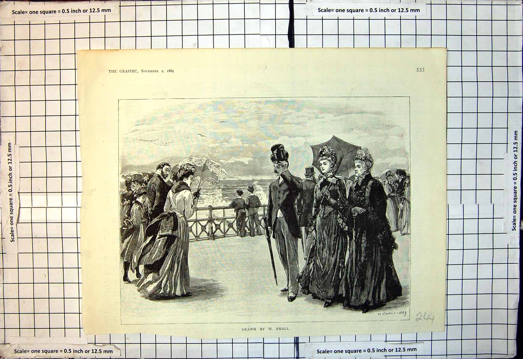 Old Print People Walking Promenade Man Raising Hat Umbrellas W Small 1889 19th