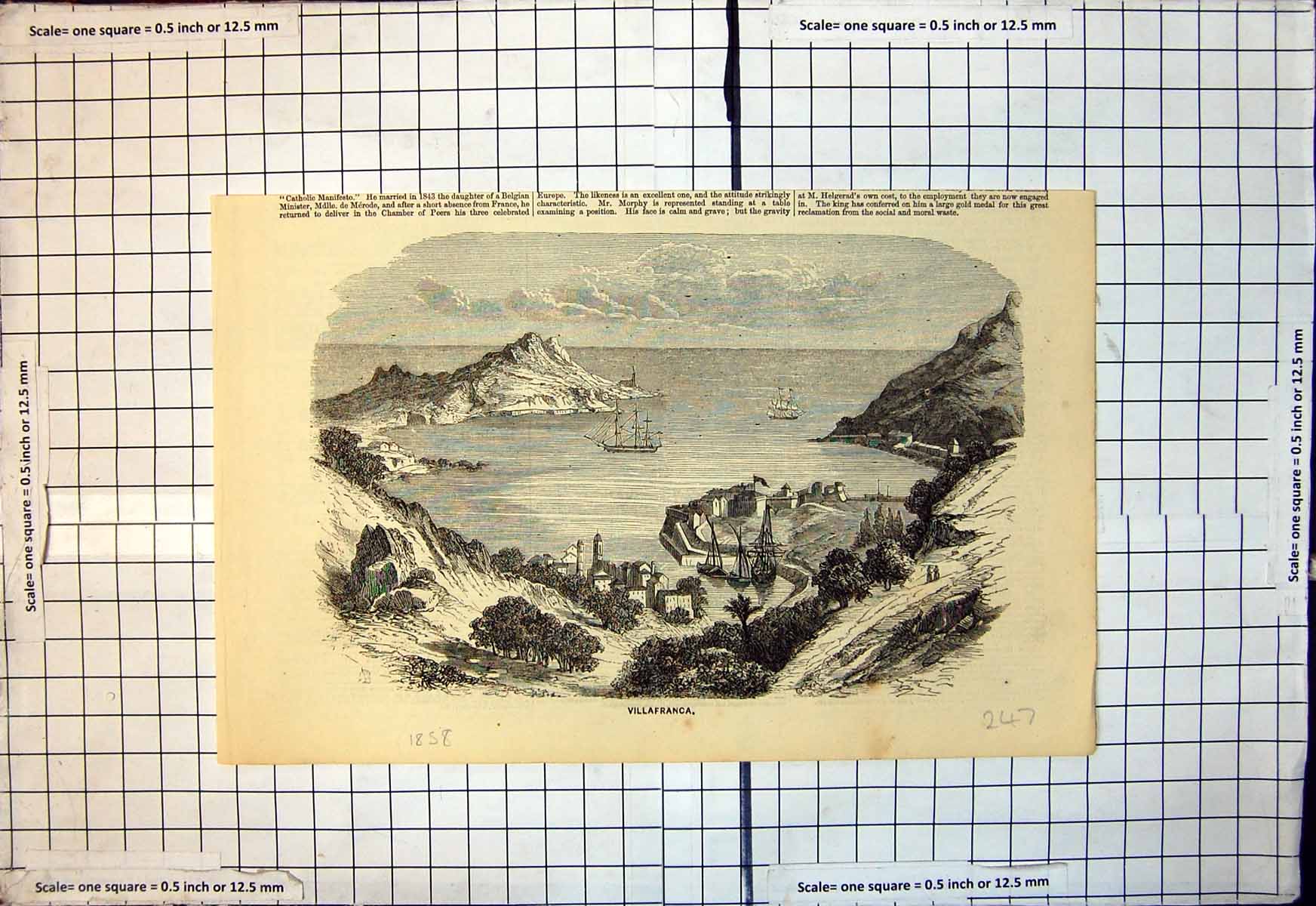 Original Old Antique Print Villafranca Town Harbour Boats Hills Bay 1858 19th